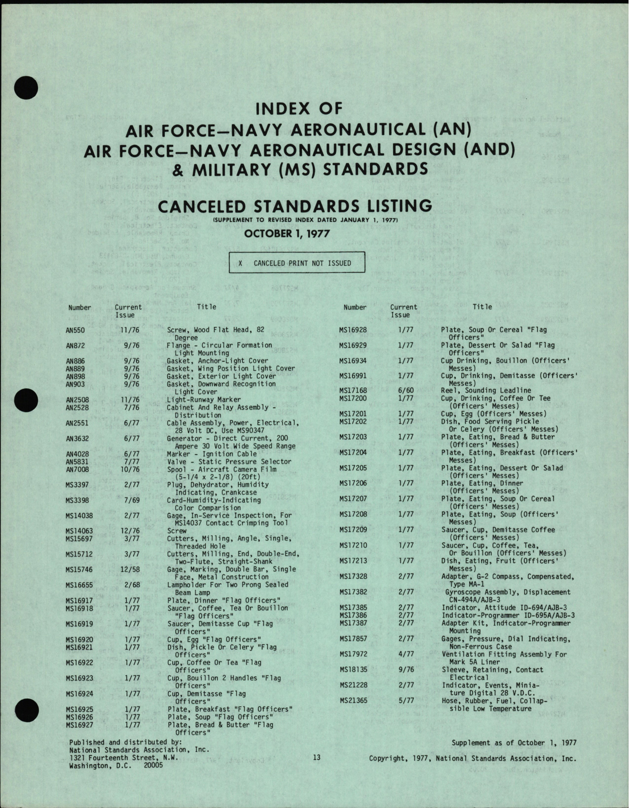 Sample page 1 from AirCorps Library document: Canceled Standards Listing for Index of AN, AND, and MS Standards