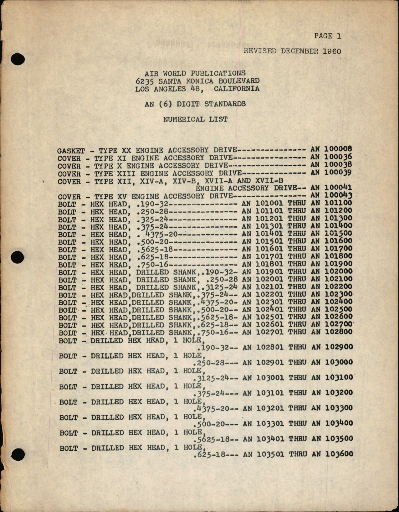 Sample page 1 from AirCorps Library document: Numerical List of AN (6) Digit Standards