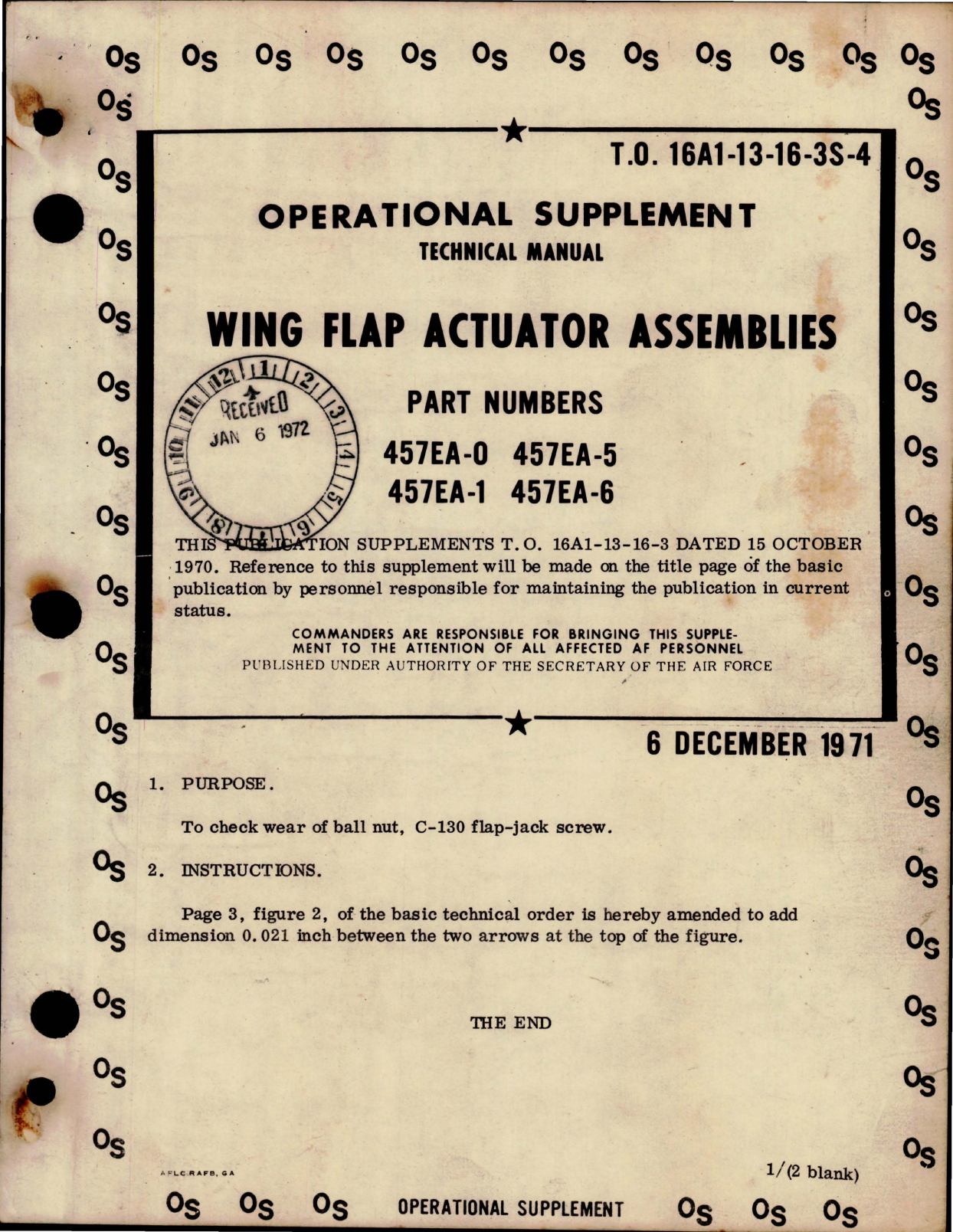 Sample page 1 from AirCorps Library document: Supplement to Overhaul Manual for Wing Flap Actuator Assemblies Parts No. 457EA-0, 457EA-1, 457EA-5, and 457EA-6