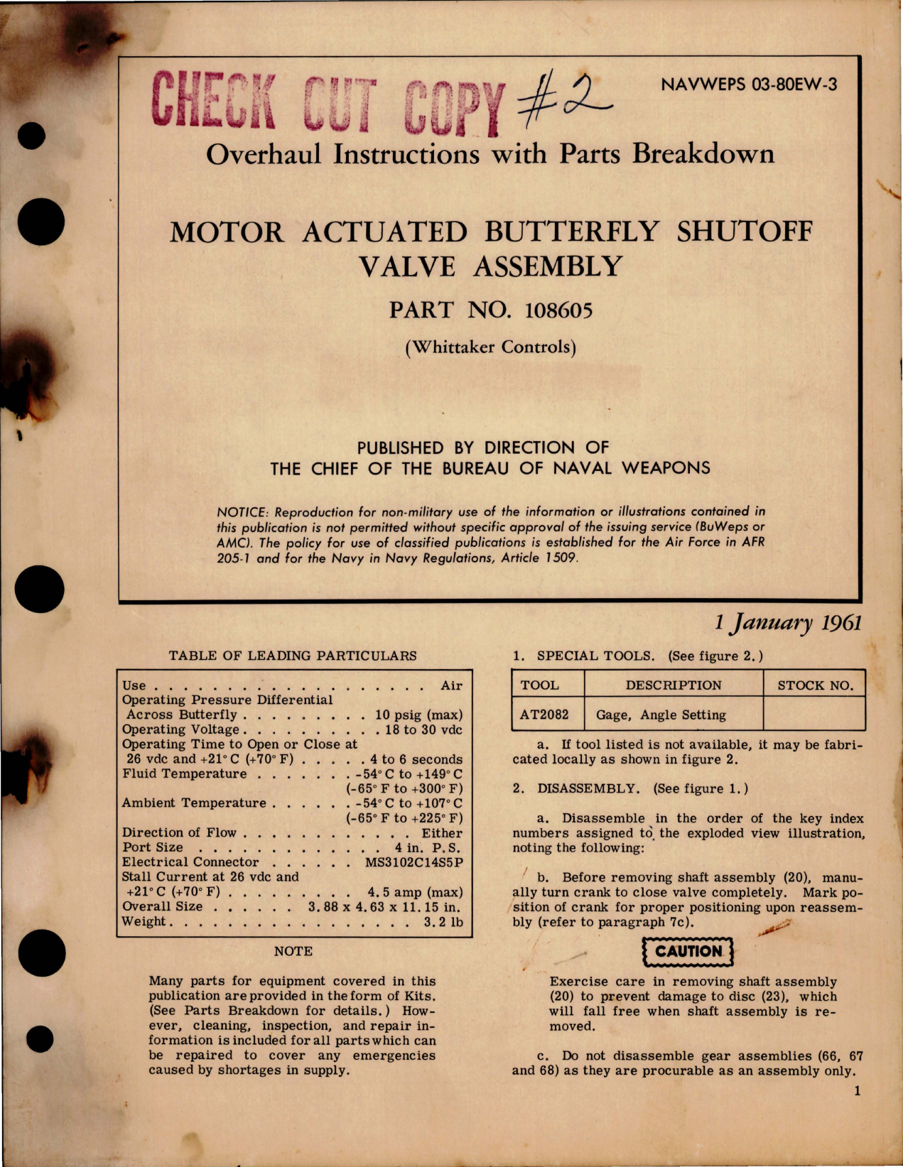 Sample page 1 from AirCorps Library document: Overhaul Instructions with Parts for Motor Actuated Butterfly Shutoff Valve Assembly - Part 108605 
