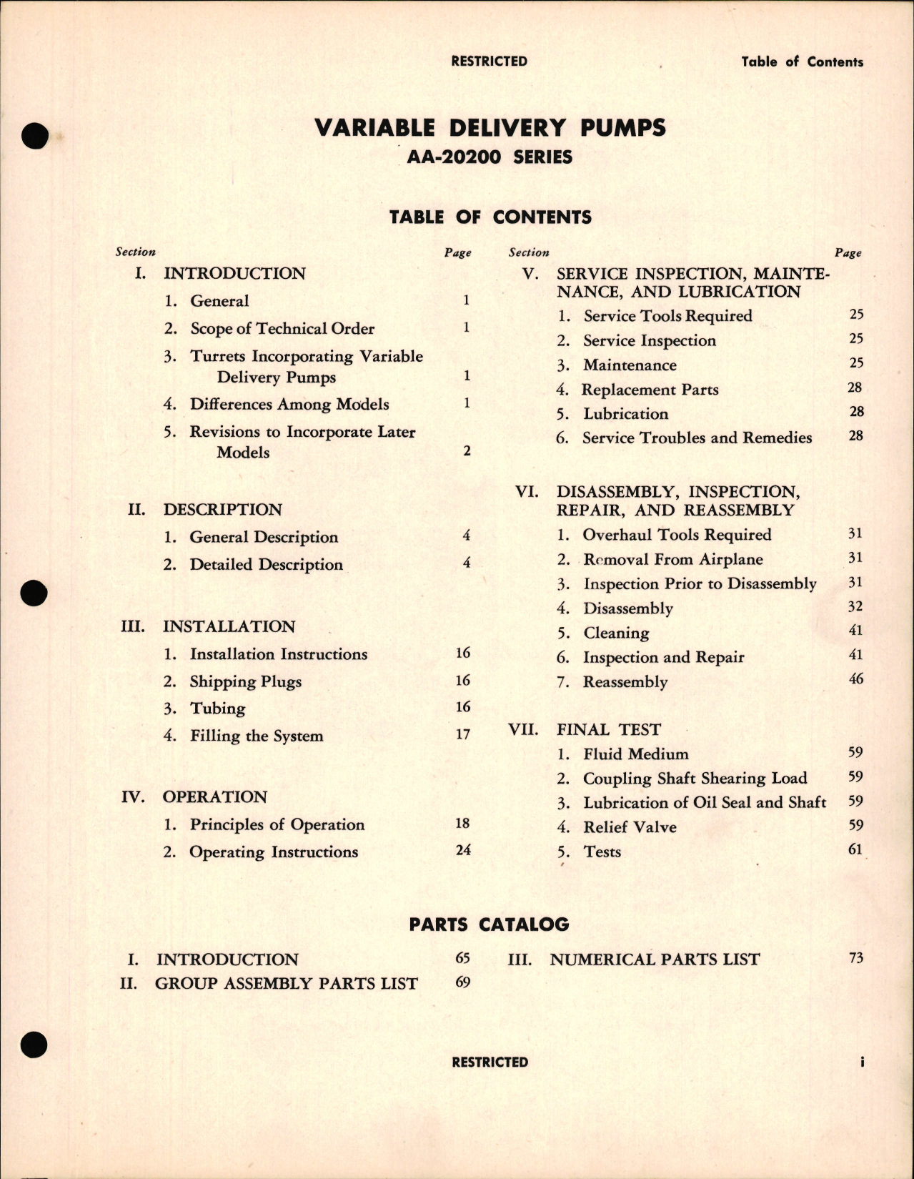 Sample page 5 from AirCorps Library document: Handbook of Instructions with Parts Catalog for Variable Delivery Pumps AA-20200 Series