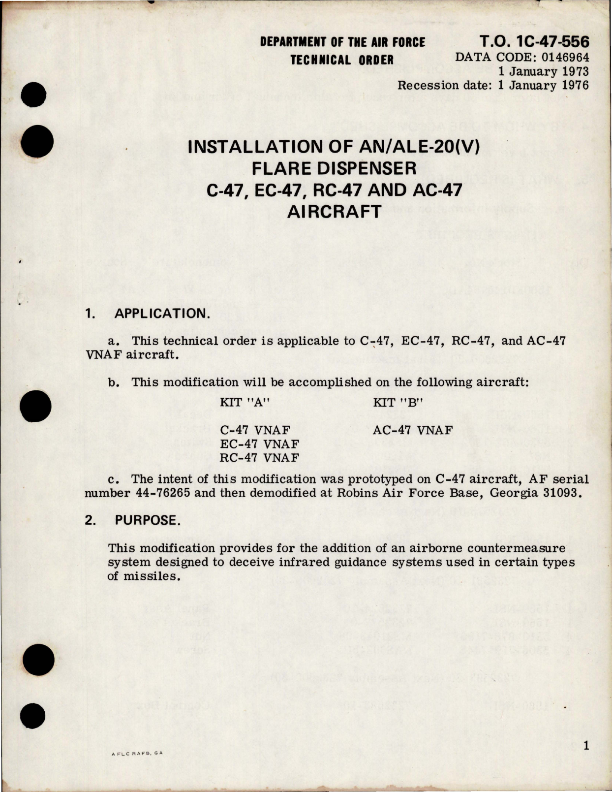 Sample page 1 from AirCorps Library document: Installation of AN/ALE-20(V) Flare Dispenser for C-47, EC-47, RC-47 and AC-47