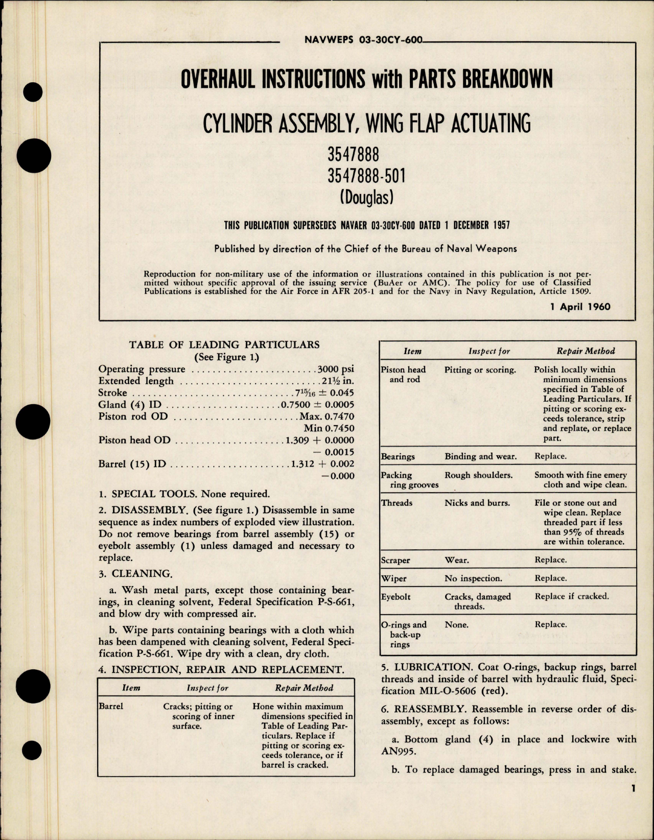 Sample page 1 from AirCorps Library document: Overhaul Instructions with Parts Breakdown for Wing Flap Actuating Cylinder Assembly - 3547888, 3547888-501