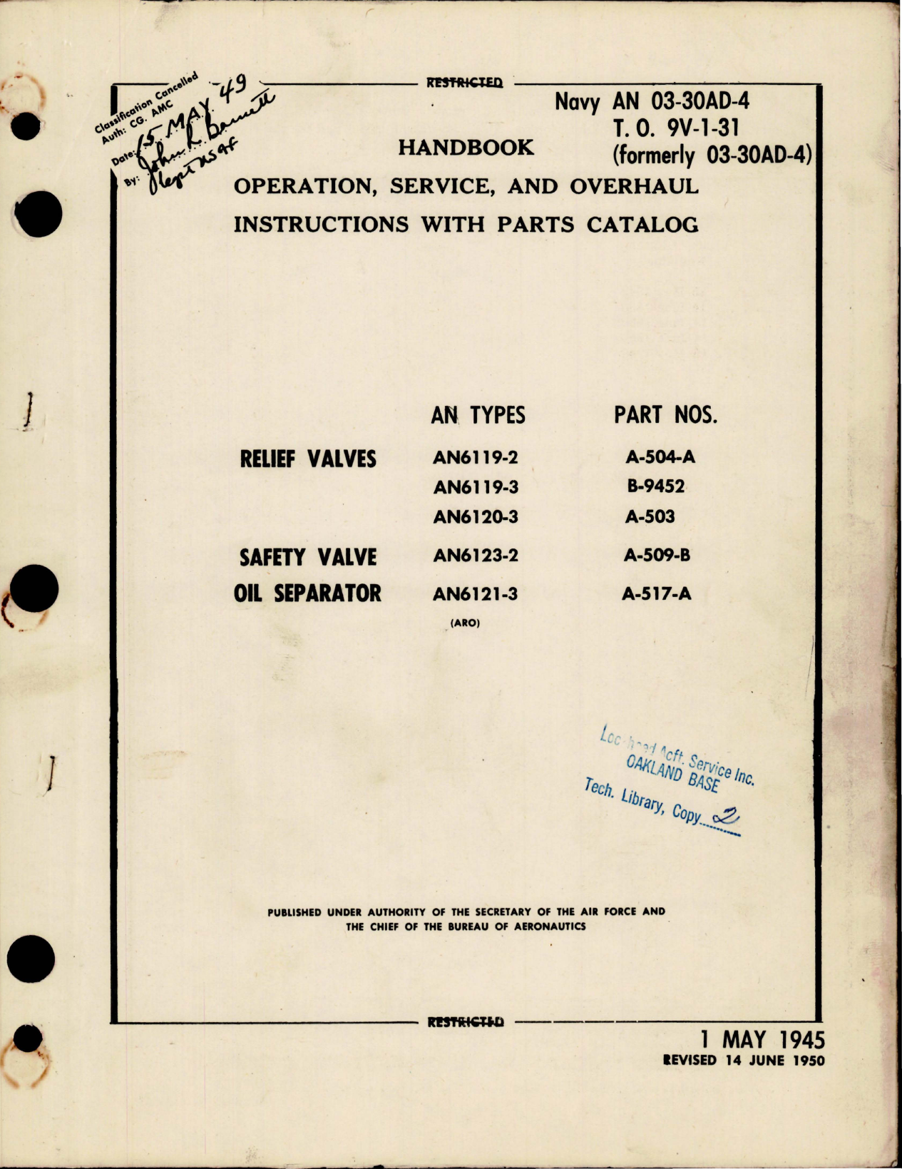 Sample page 1 from AirCorps Library document: Operation, Service, and Overhaul Instructions with Parts for Relief Valves, Safety Valve, and Oil Separator 