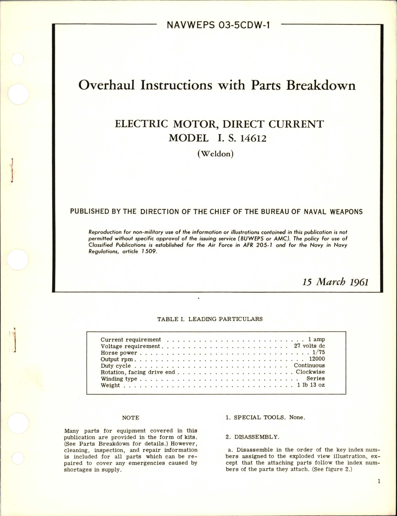 Sample page 1 from AirCorps Library document: Overhaul Instructions with Parts Breakdown for Direct Current Electric Motor - Model IS 14612