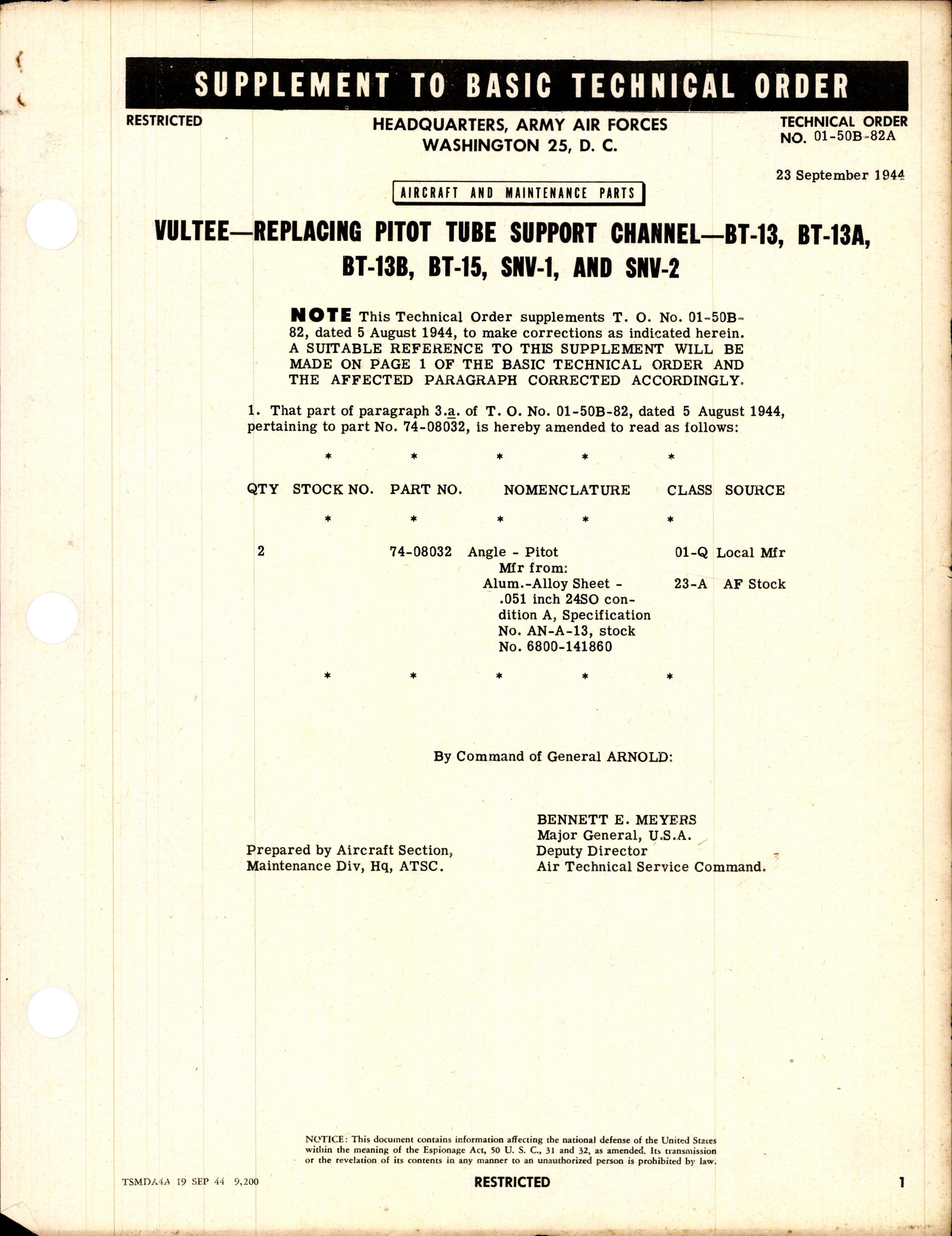 Sample page 1 from AirCorps Library document: Replacing Pitot Tube Support Channel - BT-13, BT-13A, BT-13B, BT-15, SNV-1, and SNV-2
