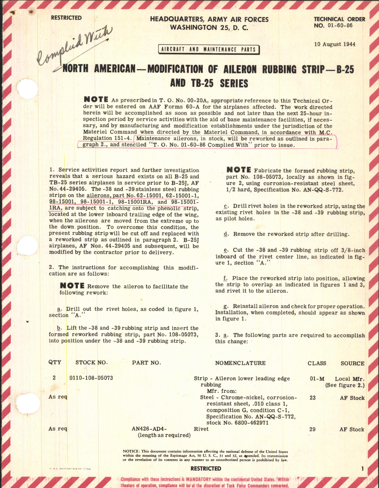 Sample page 1 from AirCorps Library document: Modification of Aileron Rubbing Strip for B-25 Series