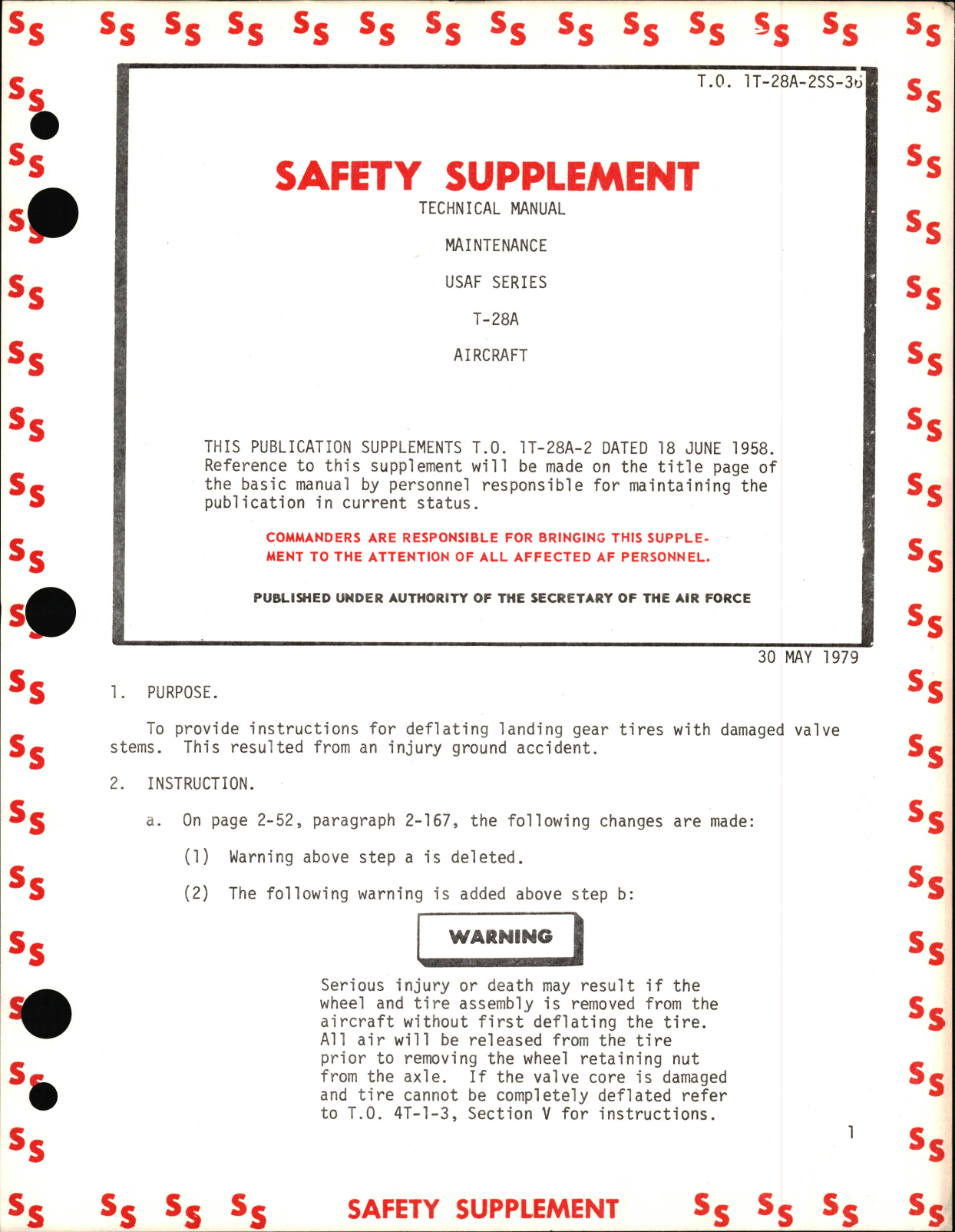 Sample page 1 from AirCorps Library document: Safety Supplement to Technical Manual of Manual for USAF Series T-28A