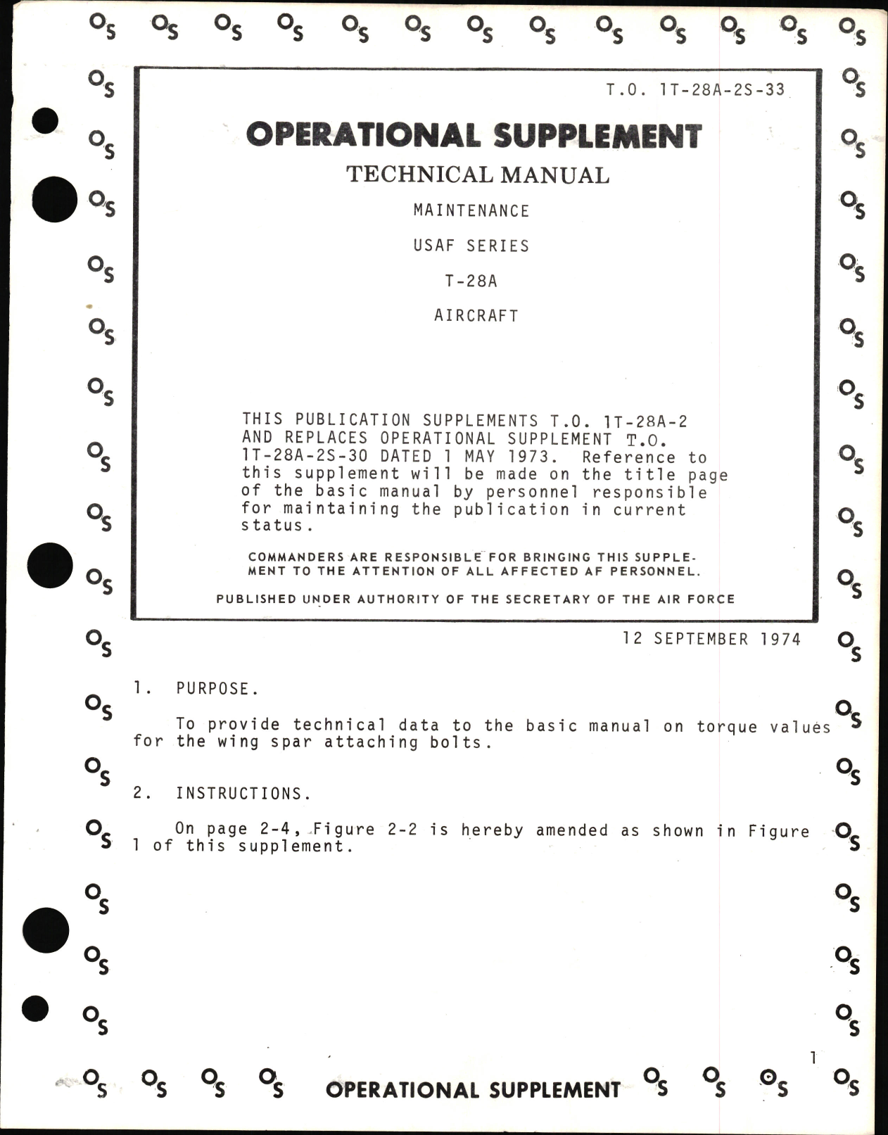 Sample page 1 from AirCorps Library document: Operational Supplement to Technical Manual of Maintenance for USAF Series T-28A Aircraft