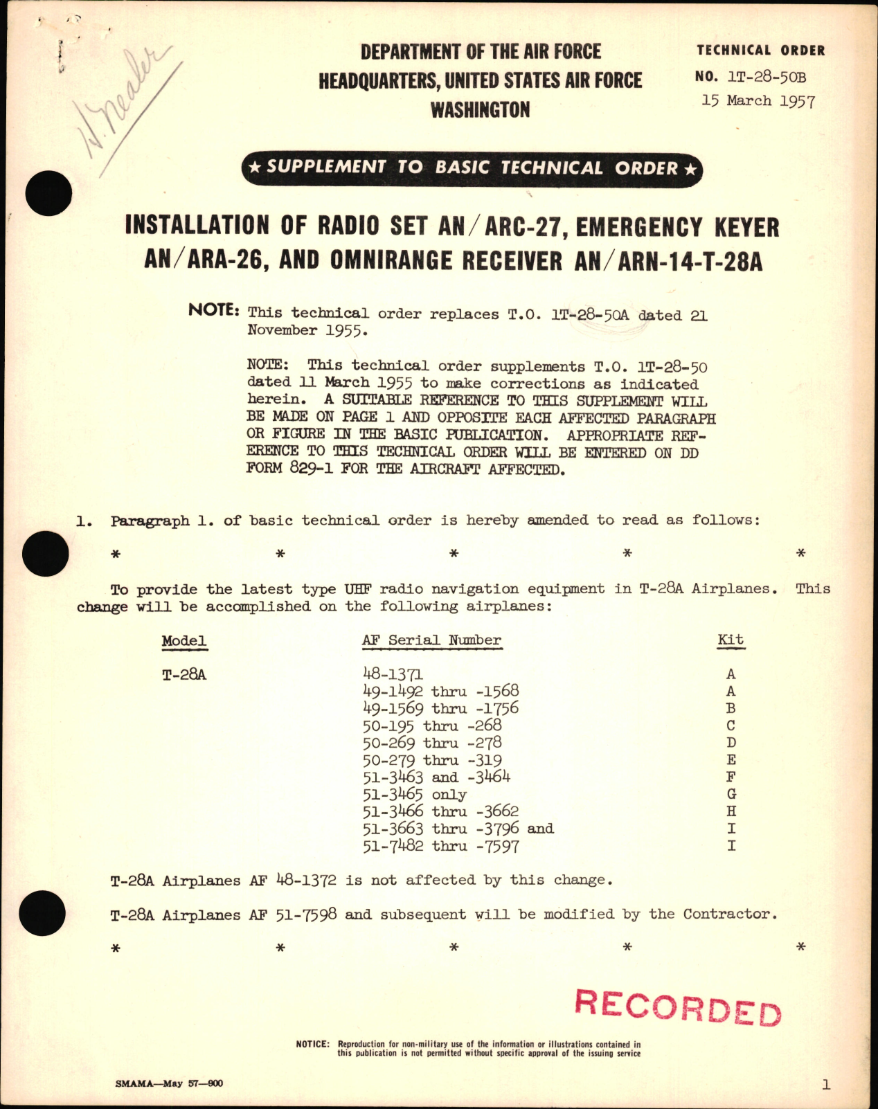 Sample page 1 from AirCorps Library document: Installation of Radio Set AN-ARC-27, Emergency Keyer AN-ARA-26, and Omnirange Receiver AN-ARN-14-T-28A
