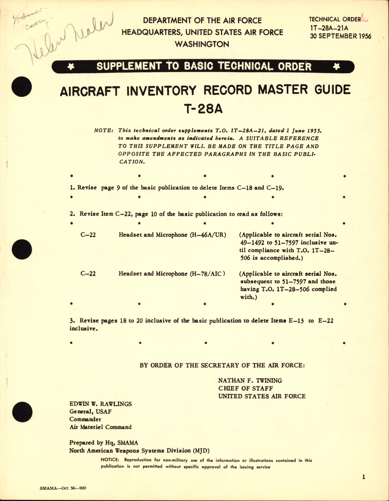 Sample page 1 from AirCorps Library document: Supplement to Basic Technical Order  for Aircraft Inventory Record Master Guide - T-28A
