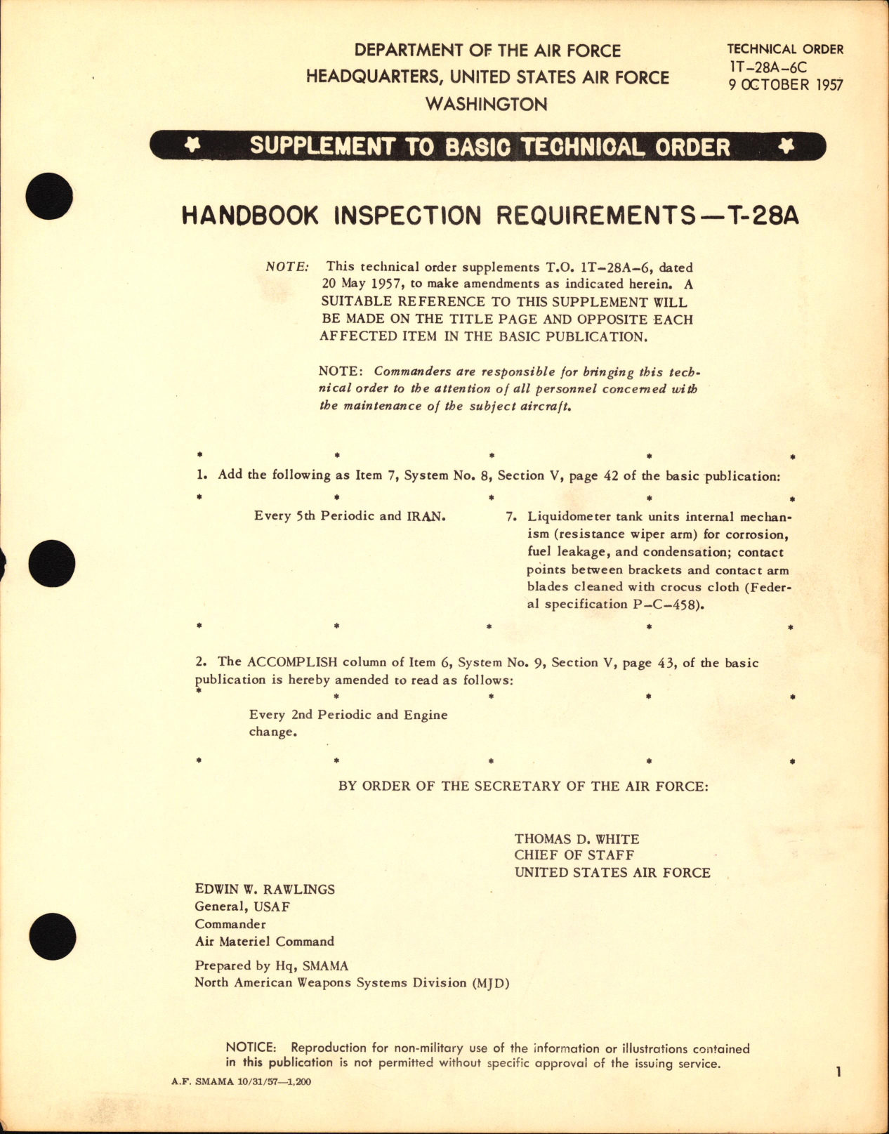 Sample page 1 from AirCorps Library document: Supplement to Basic Technical Order  for Handbook of Inspection Requirements - T-28A