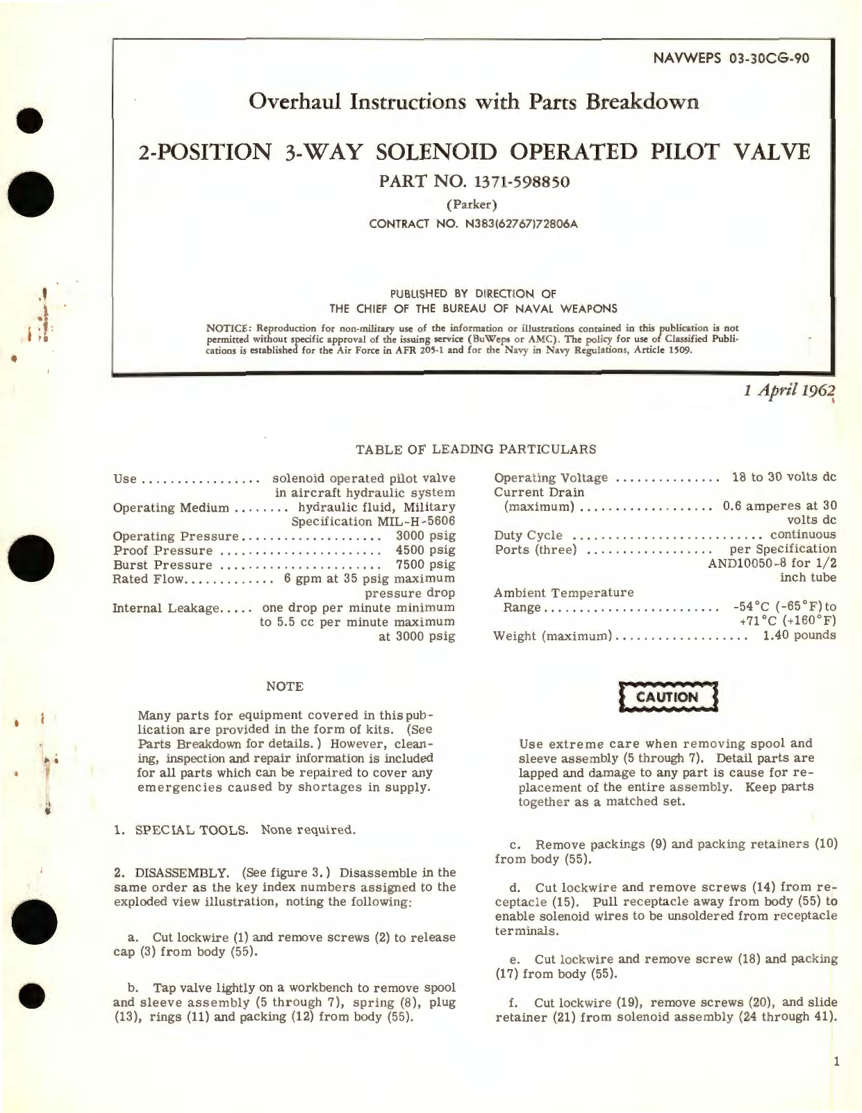 Sample page 1 from AirCorps Library document: Overhaul Instructions with Parts Breakdown for 2-Position 3-Way Solenoid Operated Pilot Valve Part No. 1371-598850 