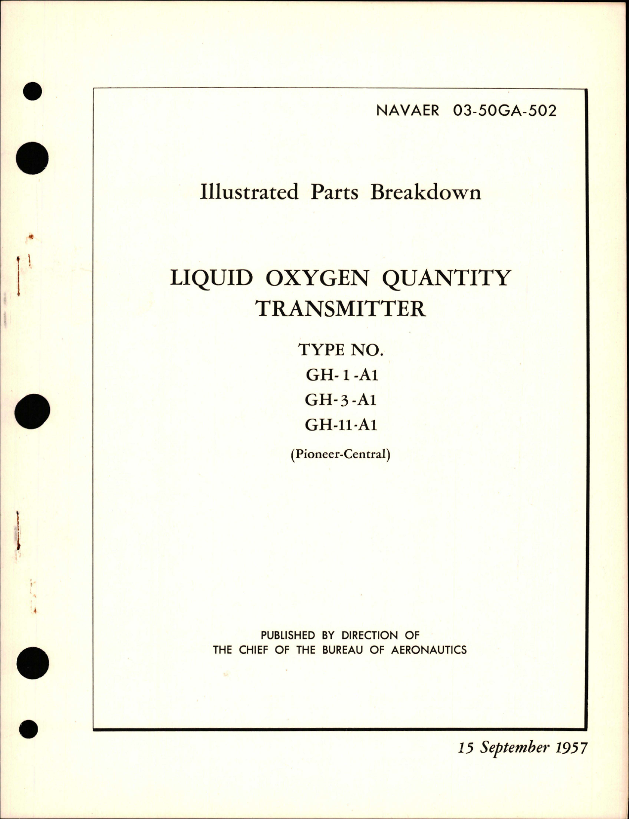 Sample page 1 from AirCorps Library document: Illustrated Parts Breakdown for Liquid Oxygen Quantity Transmitter - Types GH-1-A1, GH-3-A1, and GH-11-A1