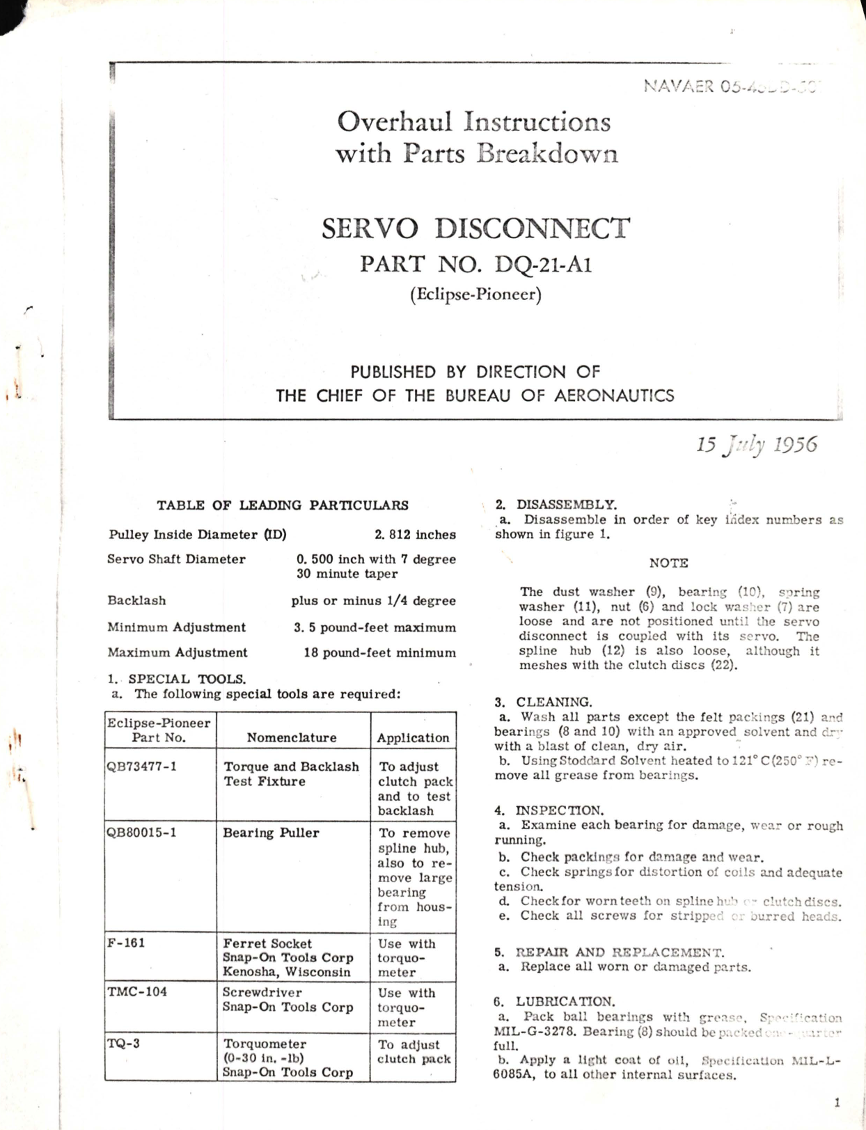 Sample page 1 from AirCorps Library document: Overhaul Instructions with Parts Breakdown for Servo Disconnect Part No. DQ-21-A1