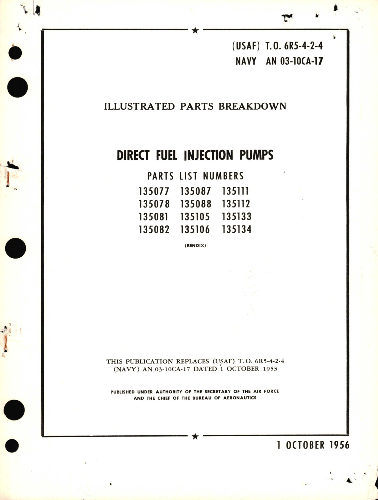 Sample page 1 from AirCorps Library document: Illustrated Parts Breakdown for Direct Fuel Injection Pumps Parts List No. 135077, 135087, 135111, 135078, 135088, 135112, 135081, 135105, 135133, 135082, 135106, 135134