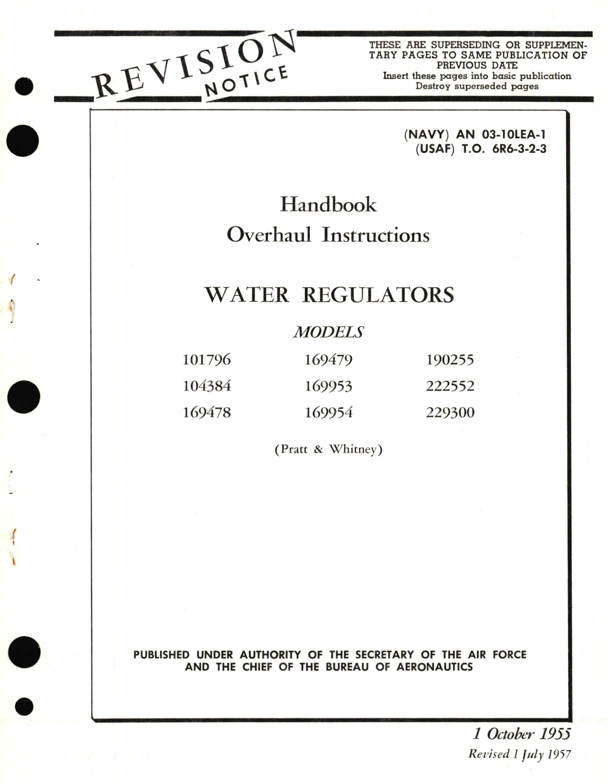 Sample page 1 from AirCorps Library document: Overhaul Instructions for Water Regulators Models 101796, 169479, 190255, 104384, 169953, 222552, 169478, 169954, 229300
