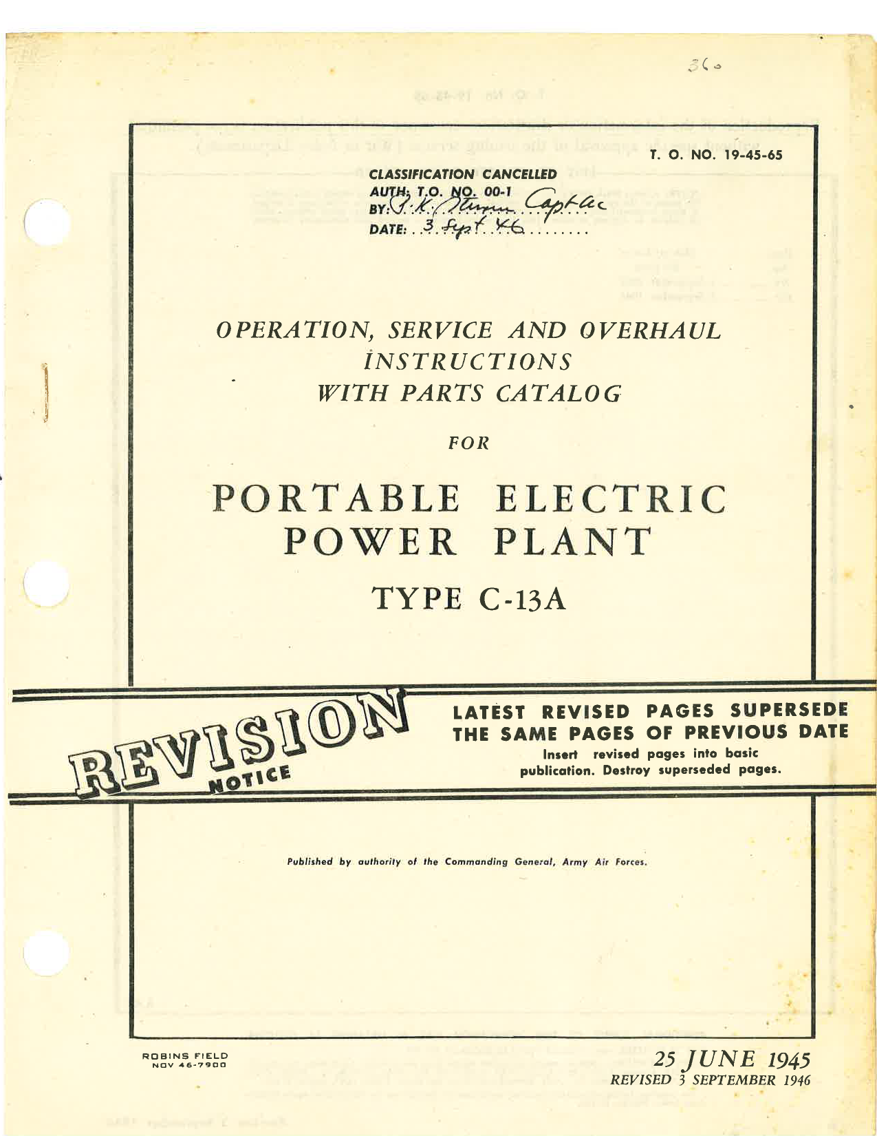 Sample page 1 from AirCorps Library document: Operation, Service, & Overhaul Inst w/ Parts Catalog for Portable Electric Power Plant Type C-13A