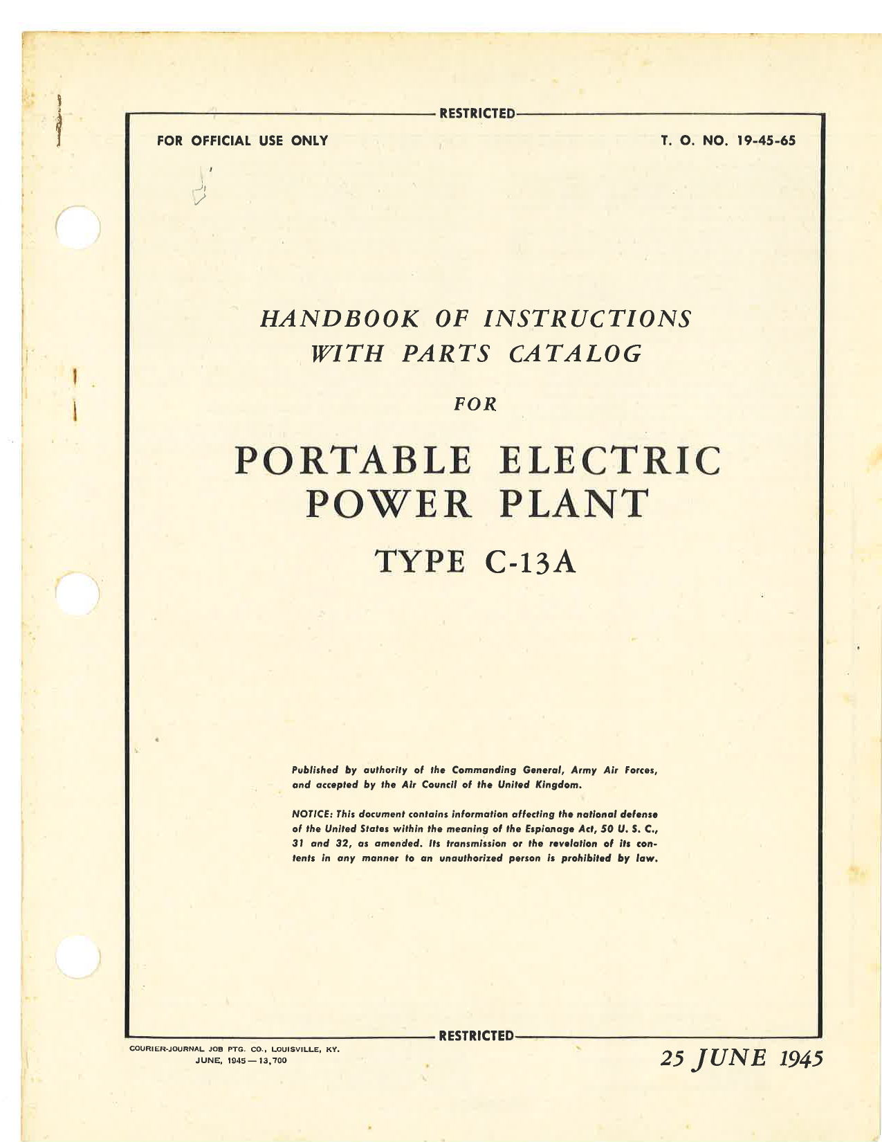 Sample page 7 from AirCorps Library document: Operation, Service, & Overhaul Inst w/ Parts Catalog for Portable Electric Power Plant Type C-13A