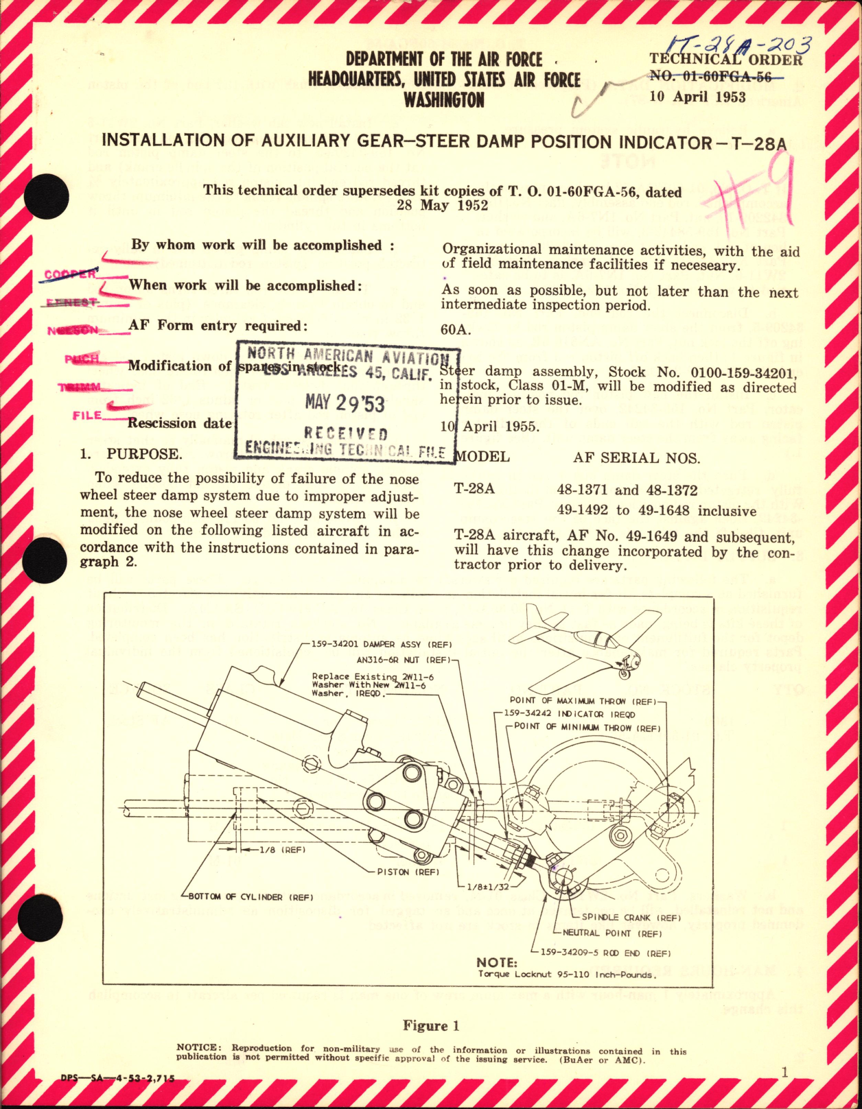 Sample page 1 from AirCorps Library document: Installation of Auxiliary Gear For Steer Damp Position Indicator For T-28A