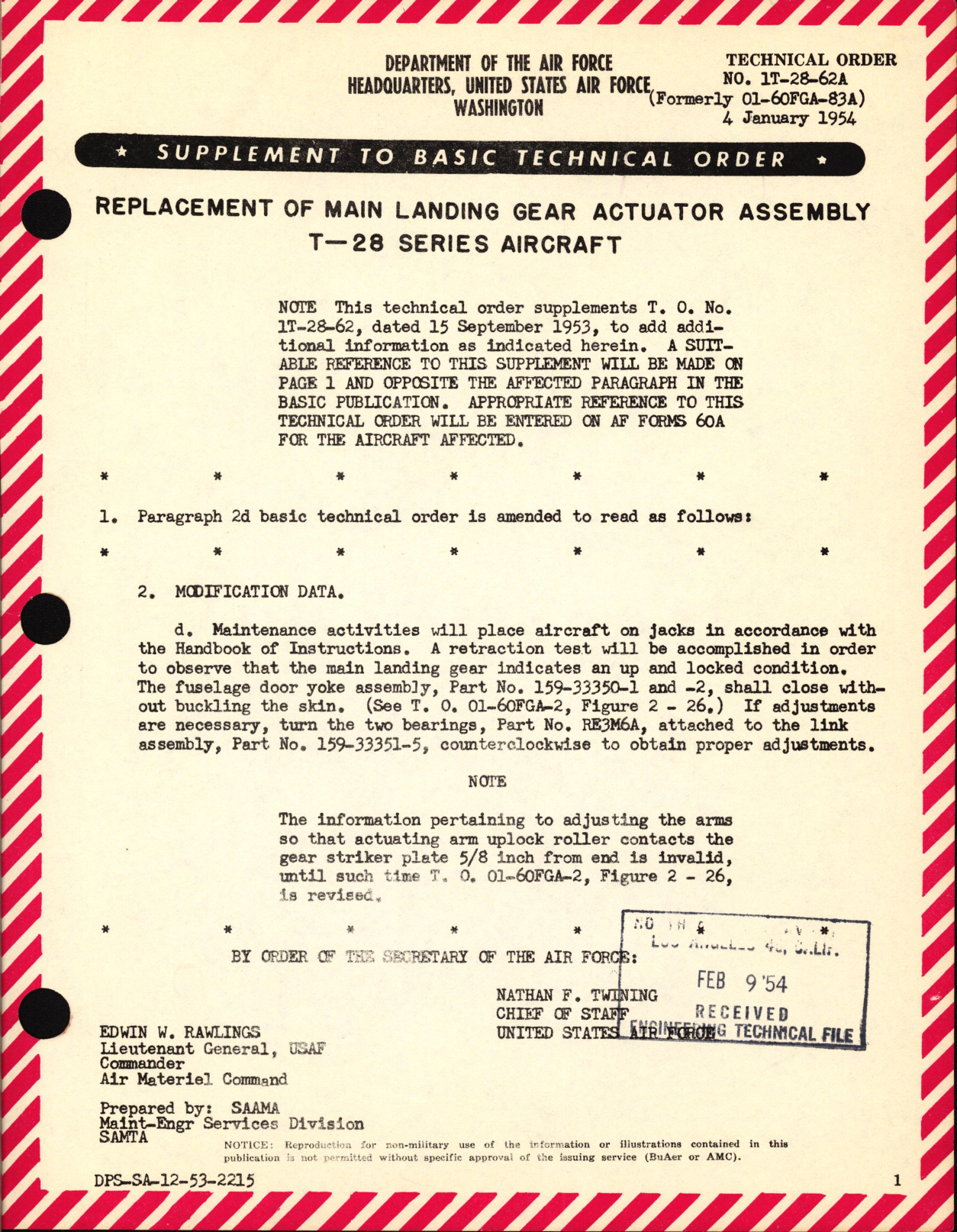 Sample page 1 from AirCorps Library document: Replacement of Main Landing Gear Actuator Assembly For T-28 Series Aircraft