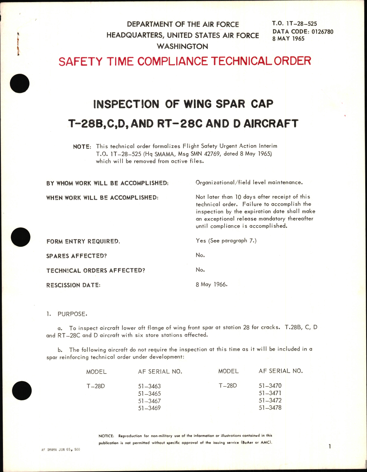 Sample page 1 from AirCorps Library document: Inspection of Wing Spar Cap For T-28B, C, D, and RT-28C