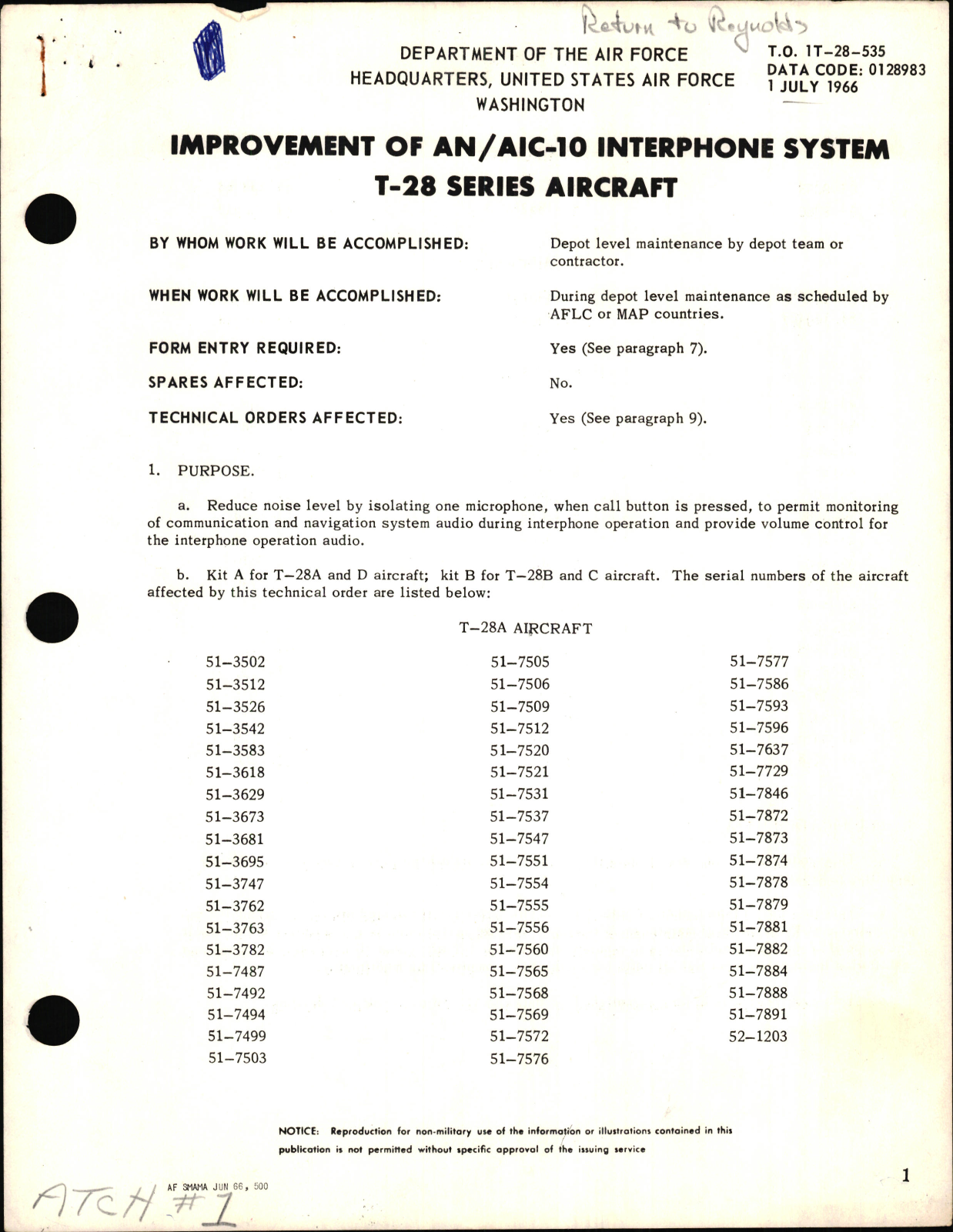 Sample page 1 from AirCorps Library document: Improvement of AN-AIC-10 Interphone System For T-28 Series