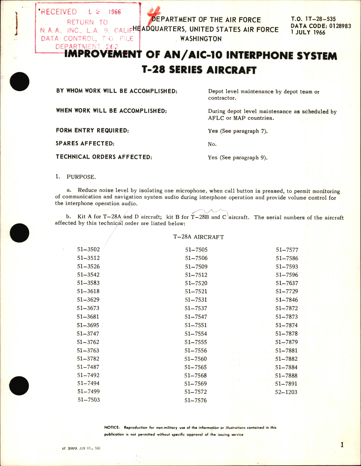 Sample page 1 from AirCorps Library document: Improvement of AN-AIC-10 Interphone System For T-28 Series