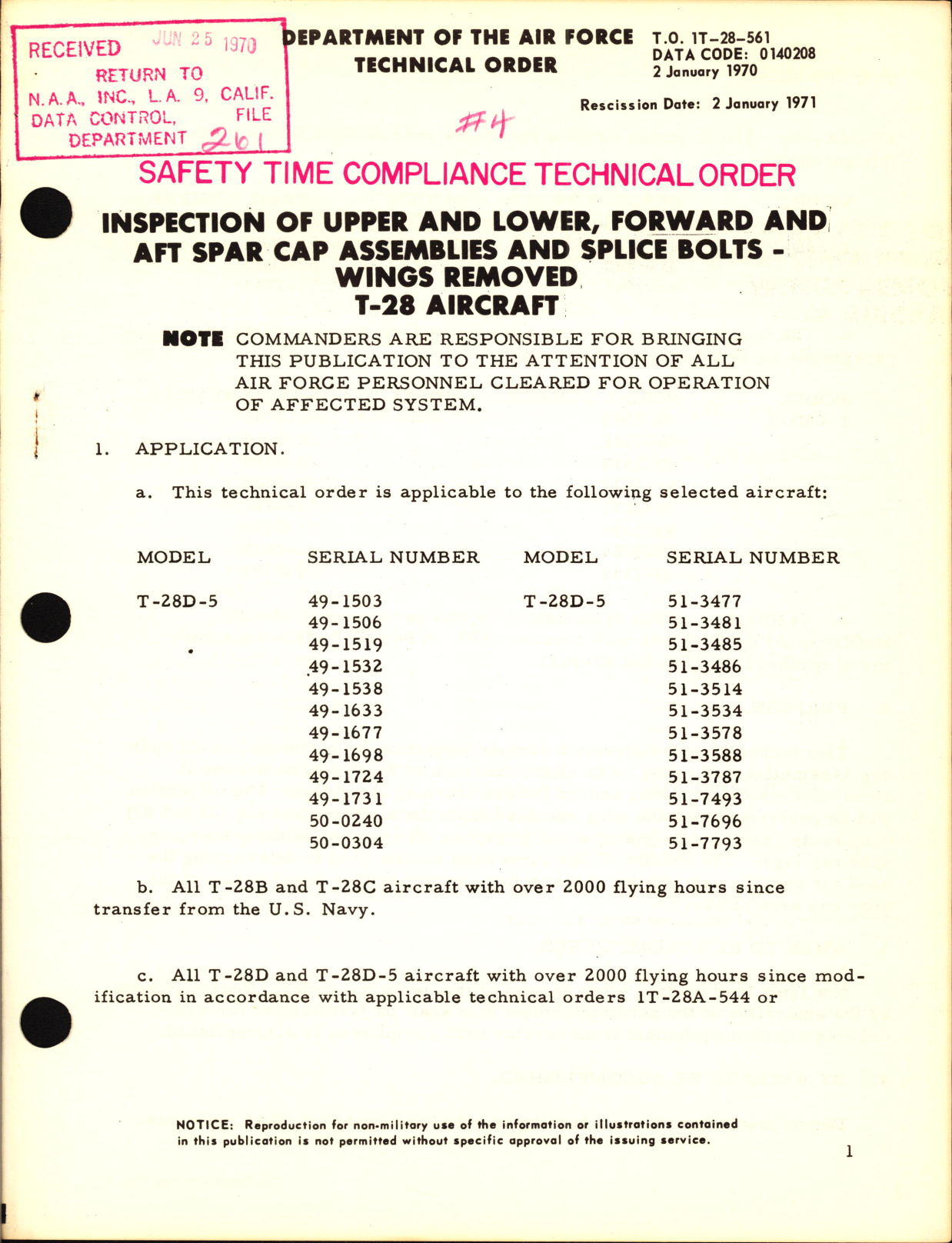 Sample page 1 from AirCorps Library document: Inspection of Upper and Lower, Forward and Aft Spar Cap Assemblies and Splice Bolts, Wings Removed For T-28