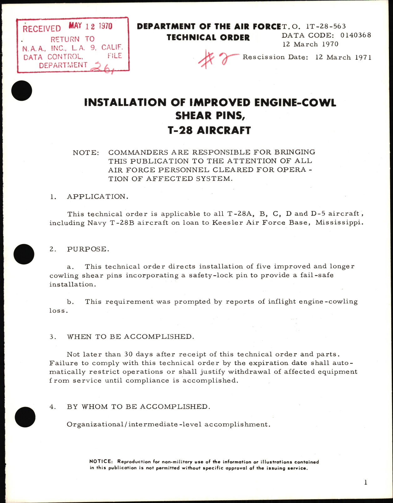 Sample page 1 from AirCorps Library document: Installation of Improved Engine-Cowl Shear Pins For T-28