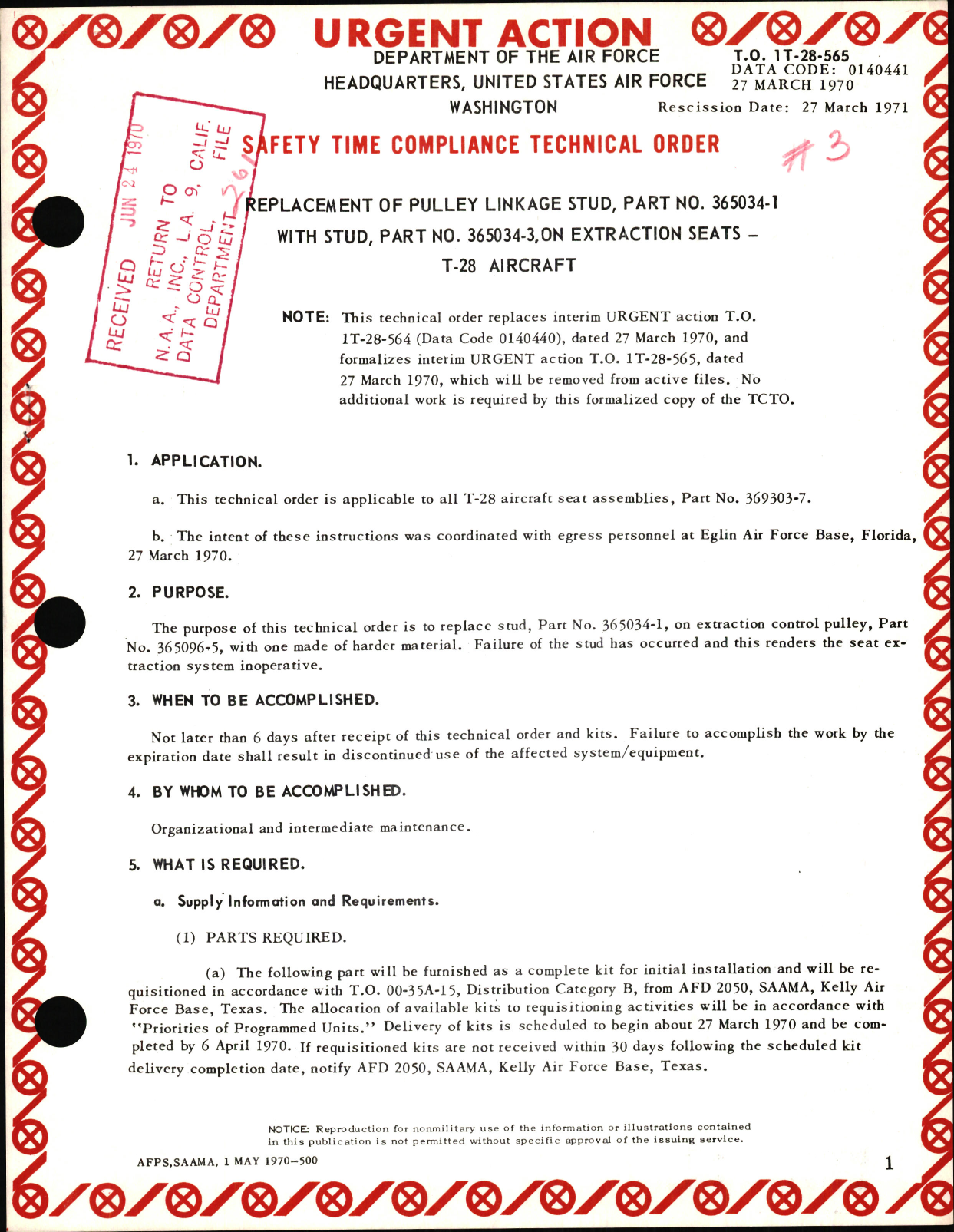 Sample page 1 from AirCorps Library document: Replacement of Pulley Linkage Stud Part No. 365034-1 w Stud, Part No. 365034-3, on Extraction Seats For T-28