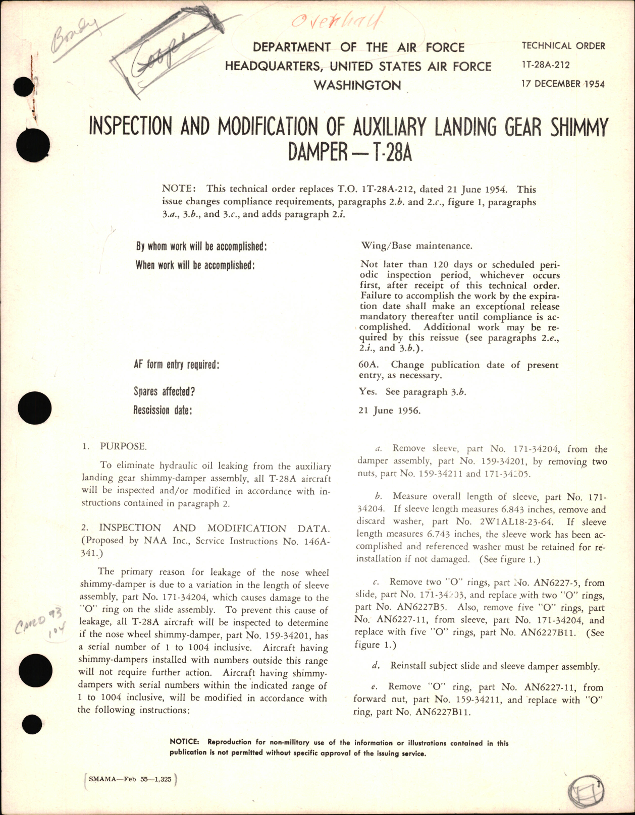 Sample page 1 from AirCorps Library document: Inspection and Modification of Auxiliary Landing Gear Shimmy Damper For T-28A
