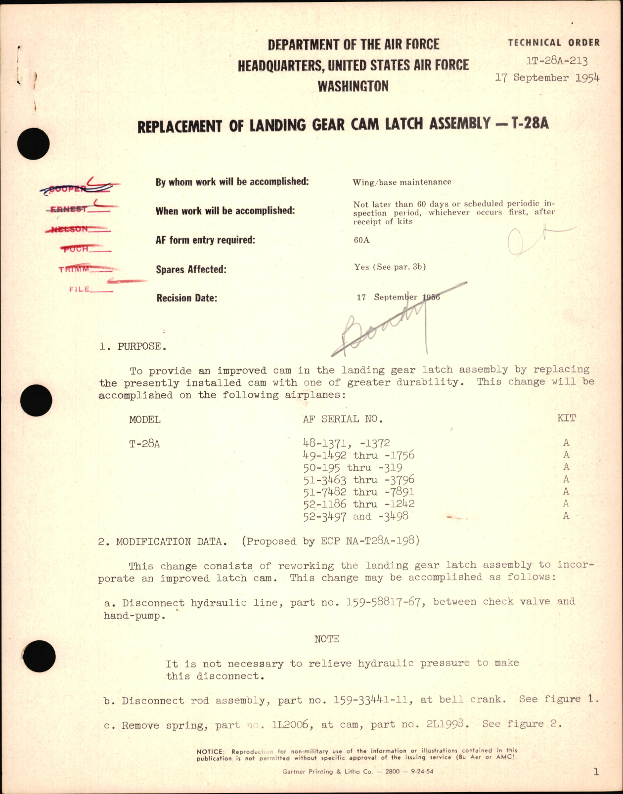 Sample page 1 from AirCorps Library document: Replacement of Landing Gear Cam Latch Assembly For T-28A