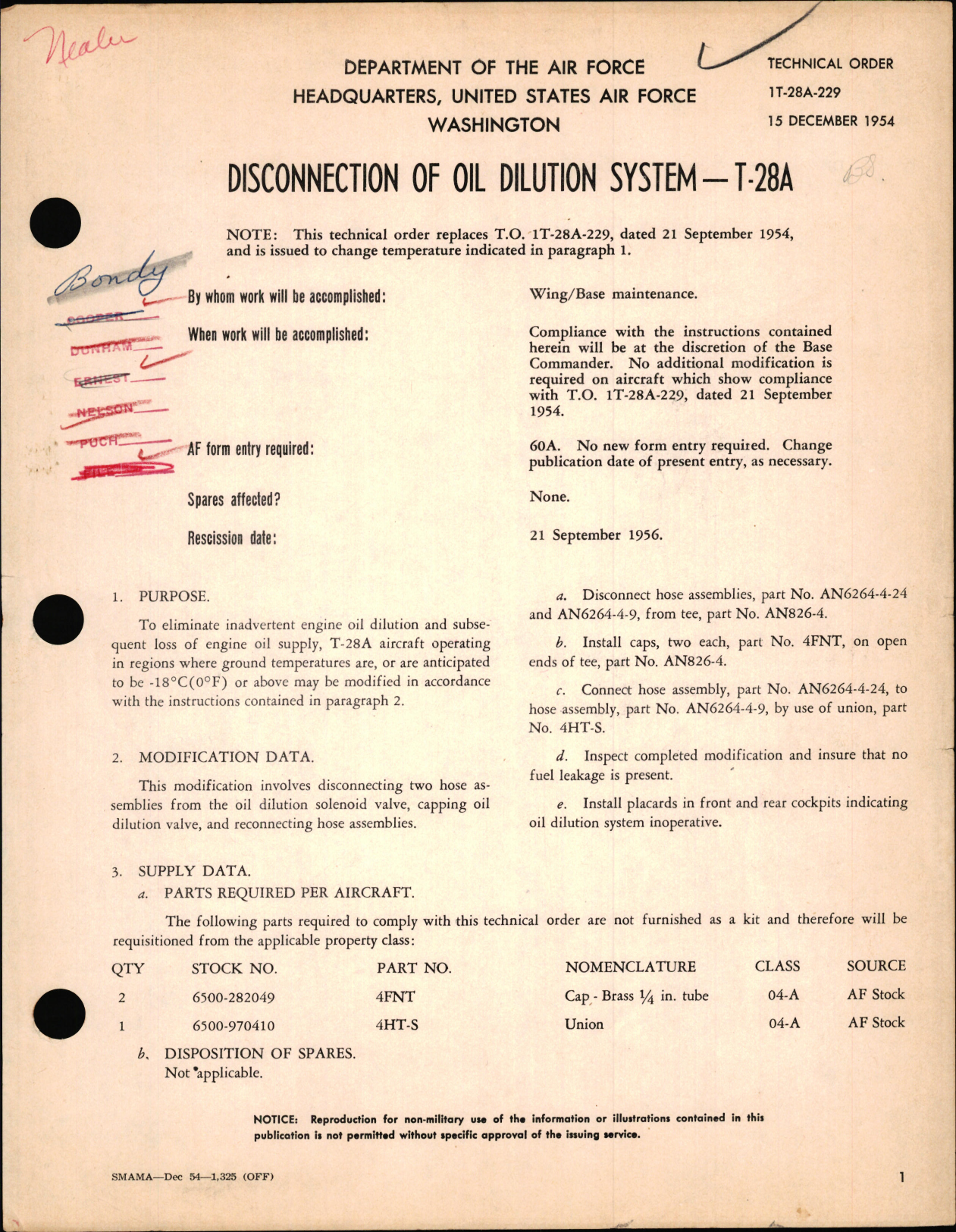 Sample page 1 from AirCorps Library document: Disconnection of Oil Dilution System For T-28A