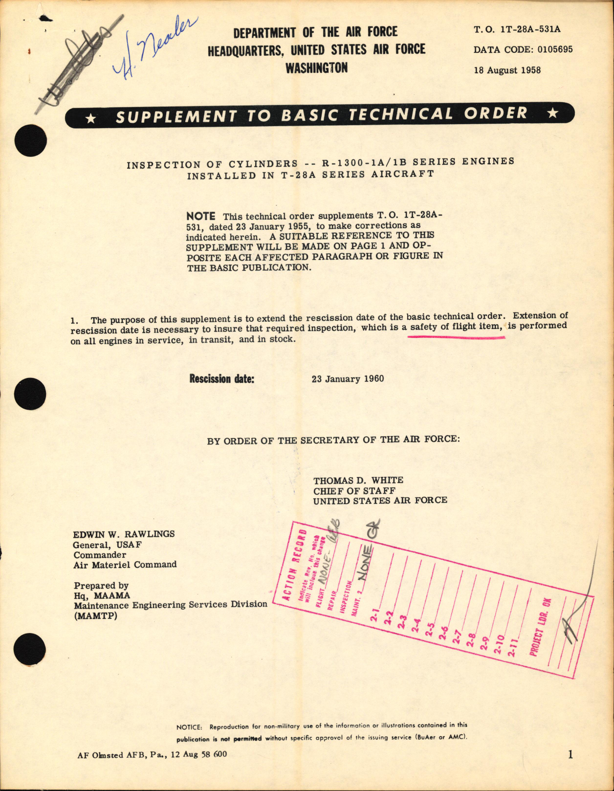 Sample page 1 from AirCorps Library document: Inspection of Cylinders For R-1300-1A and -1B Series Engines Installed in T-28A Series