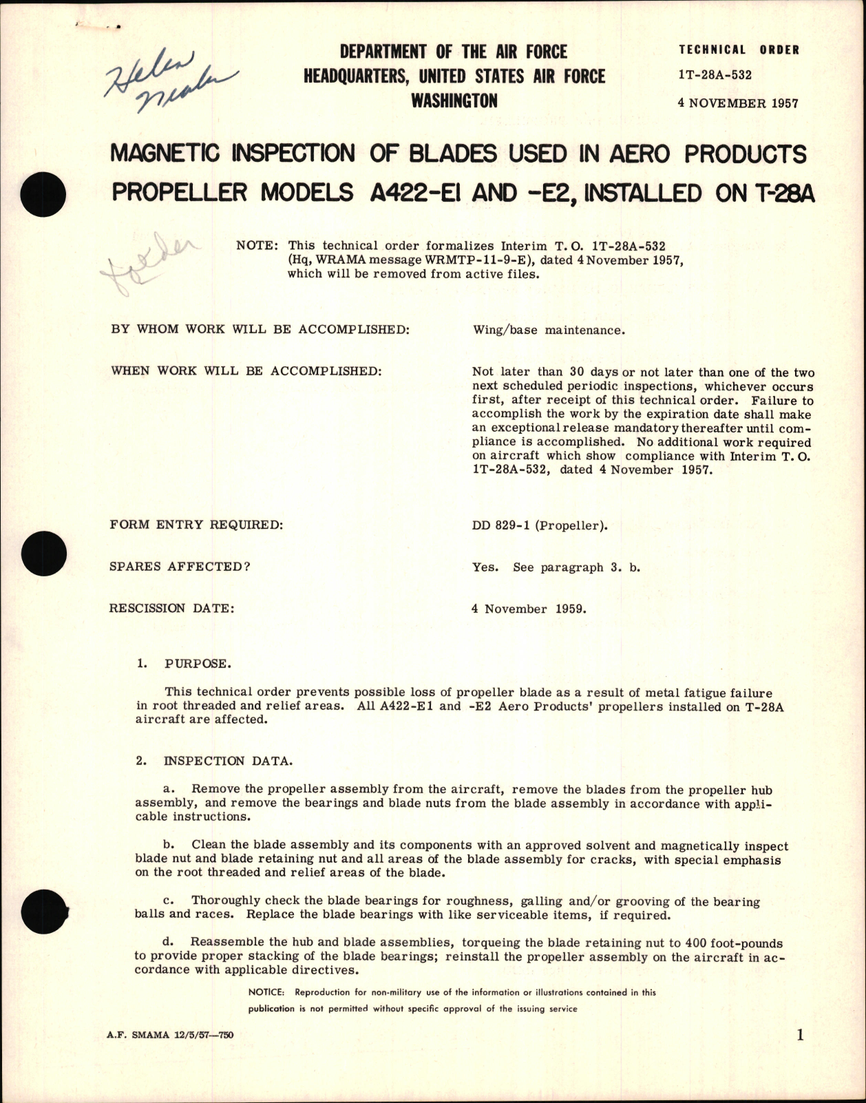 Sample page 1 from AirCorps Library document: Magnetic Inspection of Blades Used in Aero Products Propeller Models A422-E1 and -E2, Installed on T-28A