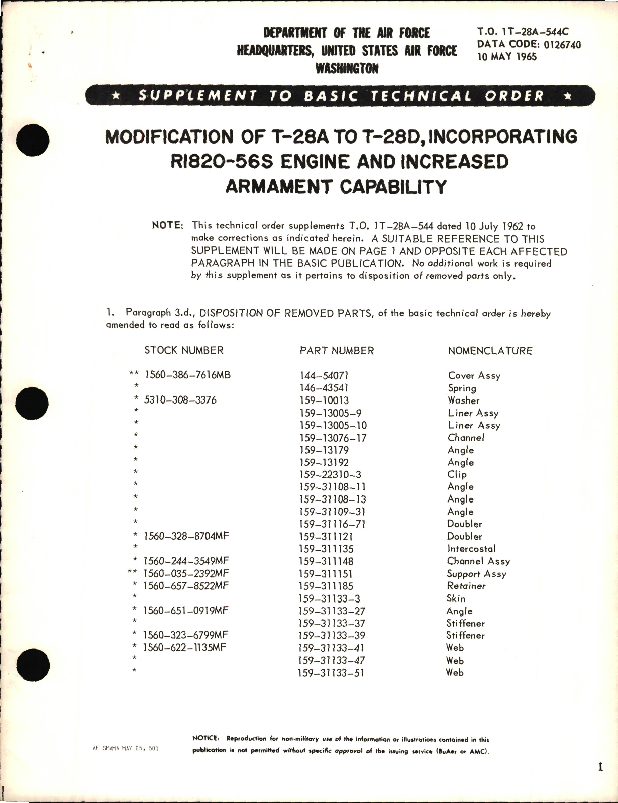 Sample page 1 from AirCorps Library document: Modification of T-28A to T-28D, Incorporating R1820-56S Engine and Increased Armament Capability
