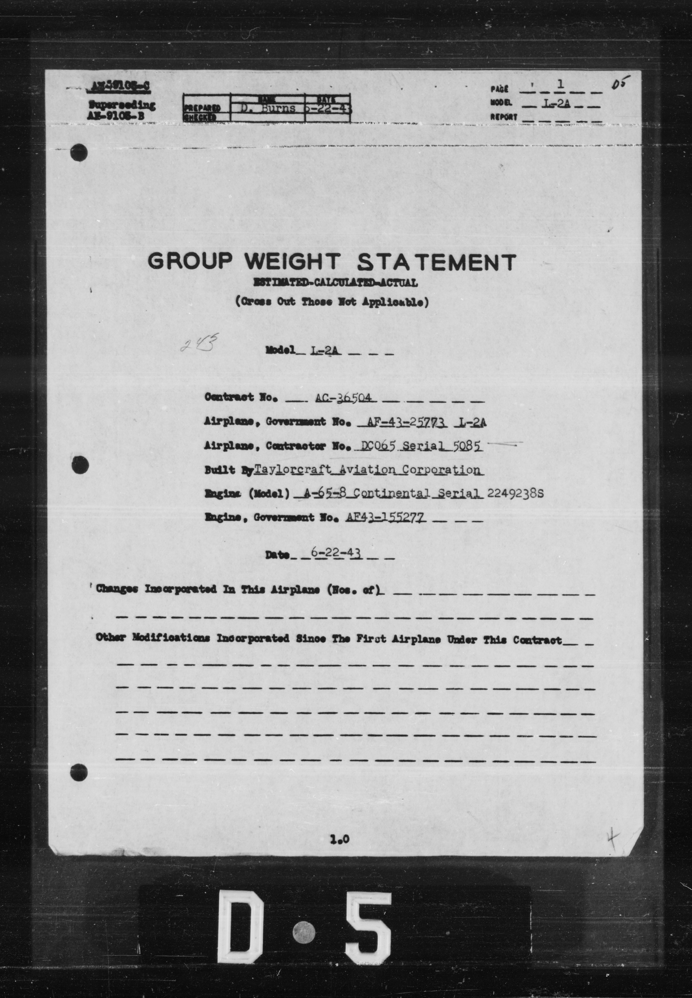 Sample page 1 from AirCorps Library document: Group Weight Statement for Model L-2A