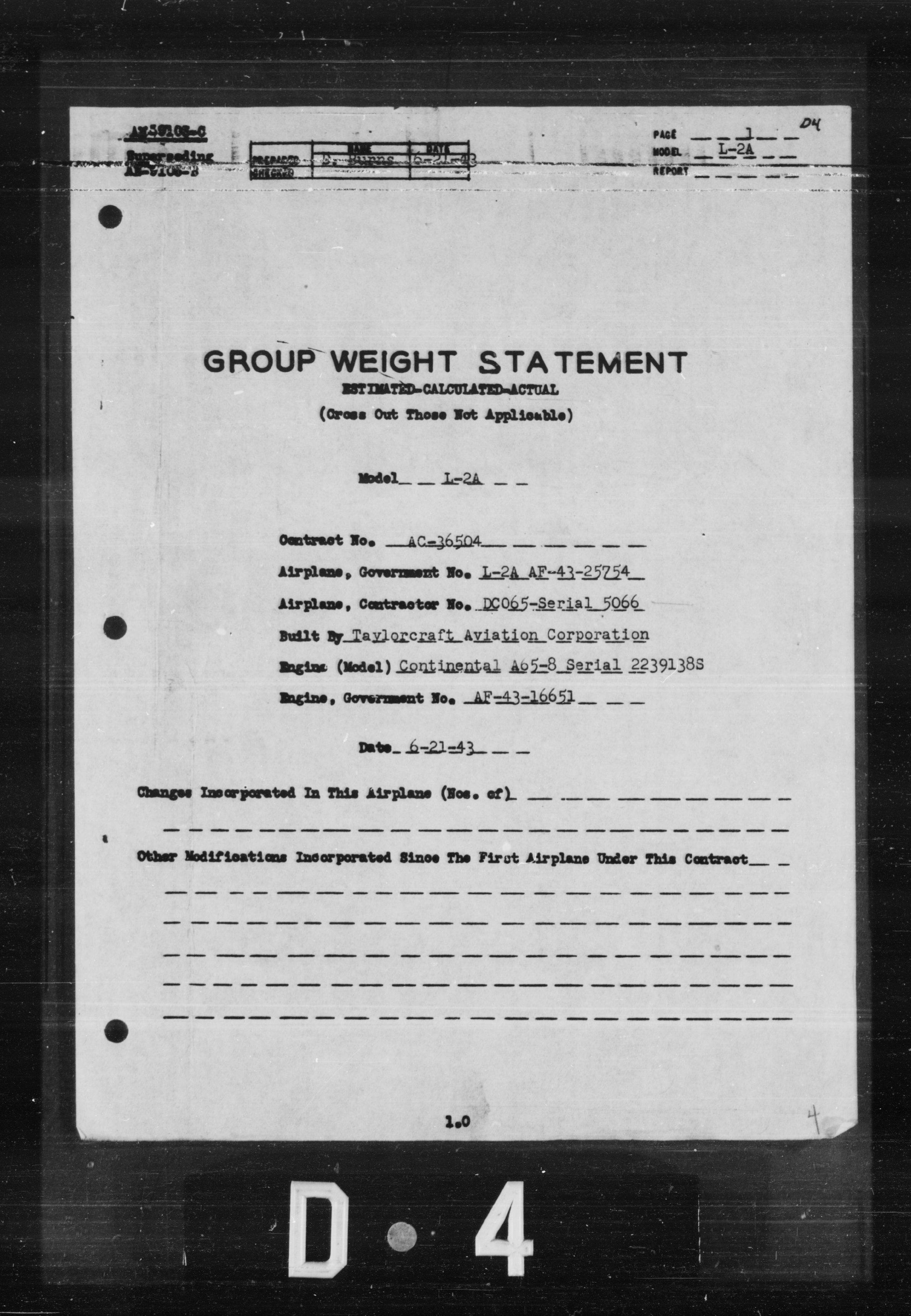 Sample page 1 from AirCorps Library document: Group Weight Statement for Model L-2A