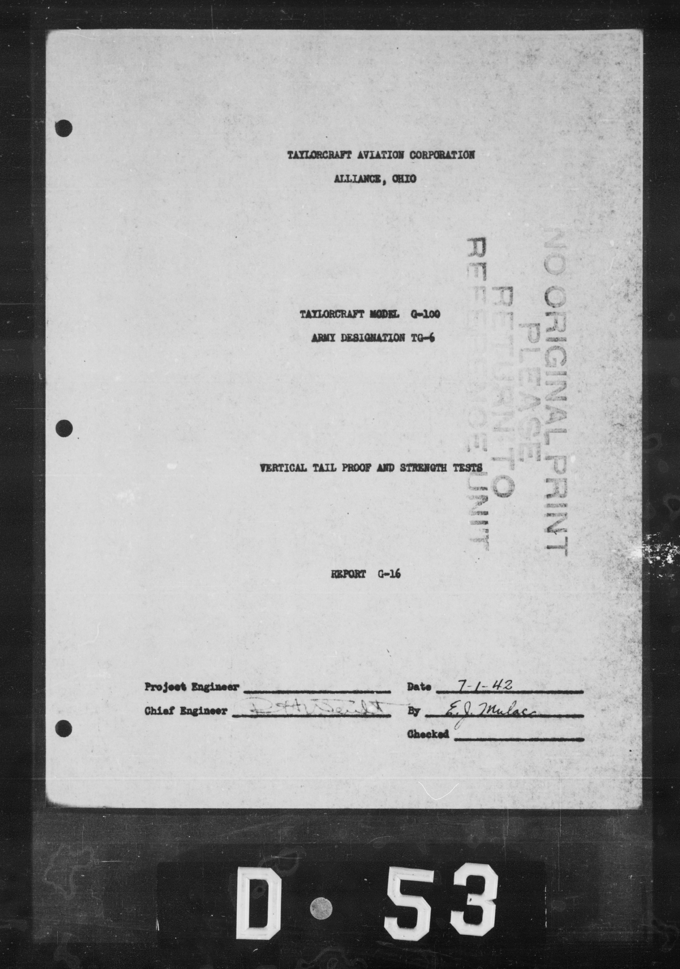 Sample page 2 from AirCorps Library document: Vertical Tail Proof and Strength Tests for Taylorcraft Model ST-100 Army Designation TG-6