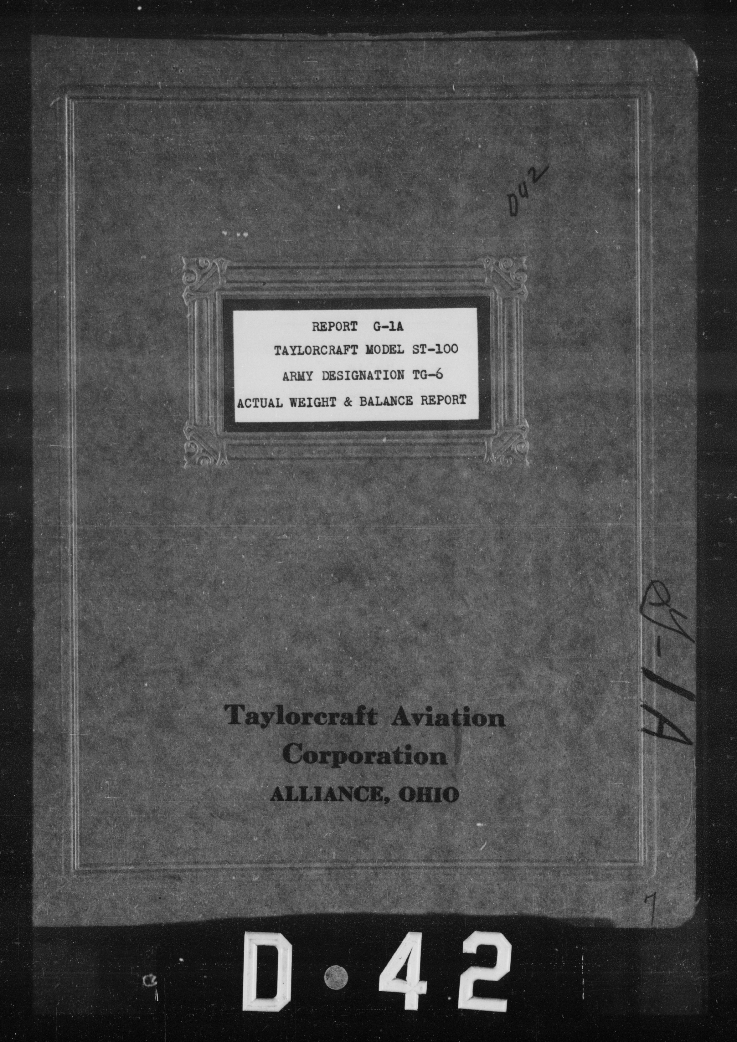 Sample page 1 from AirCorps Library document: Actual Weight and Balance Report for Taylorcraft Model ST-100 Army Designation TG-6