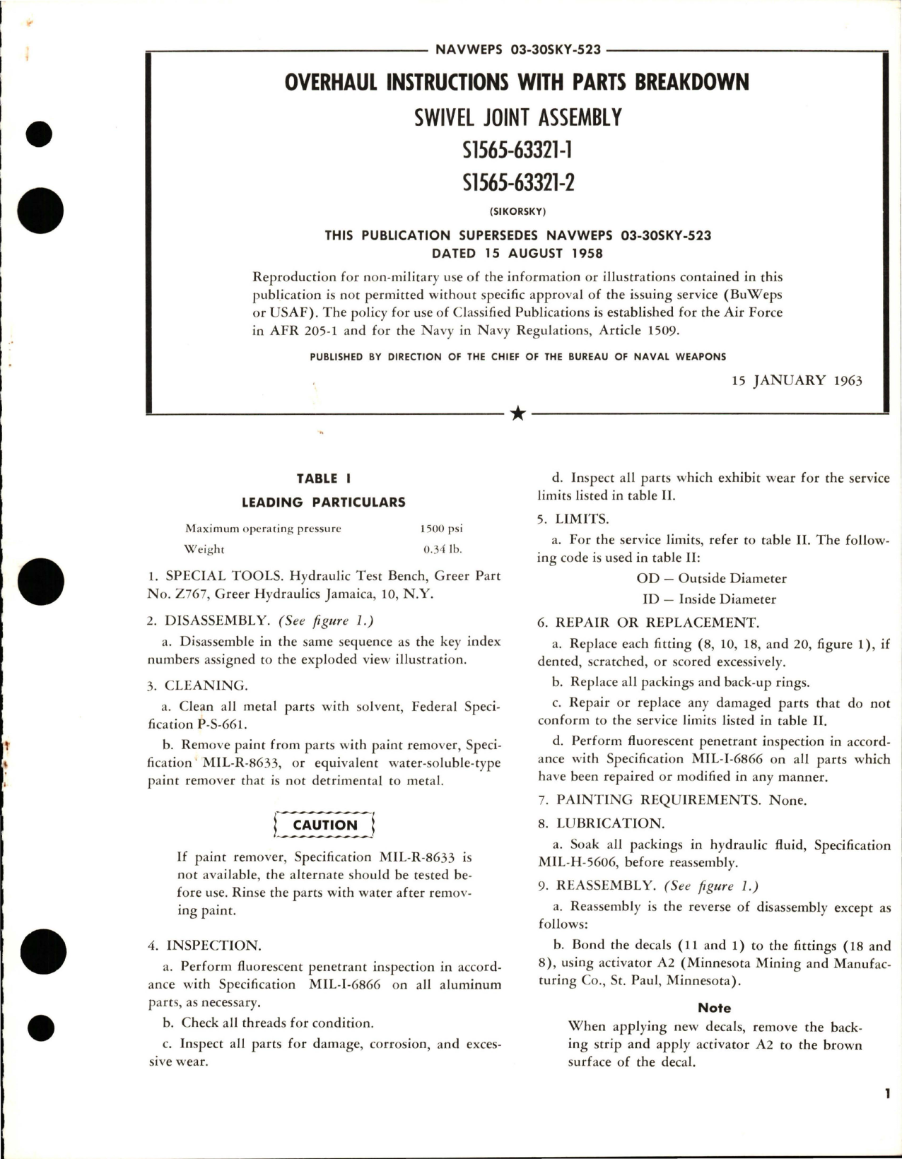 Sample page 1 from AirCorps Library document: Overhaul Instructions with Parts Breakdown for Swivel Joint Assembly - S1565-63321-1 and S1565-63321-2