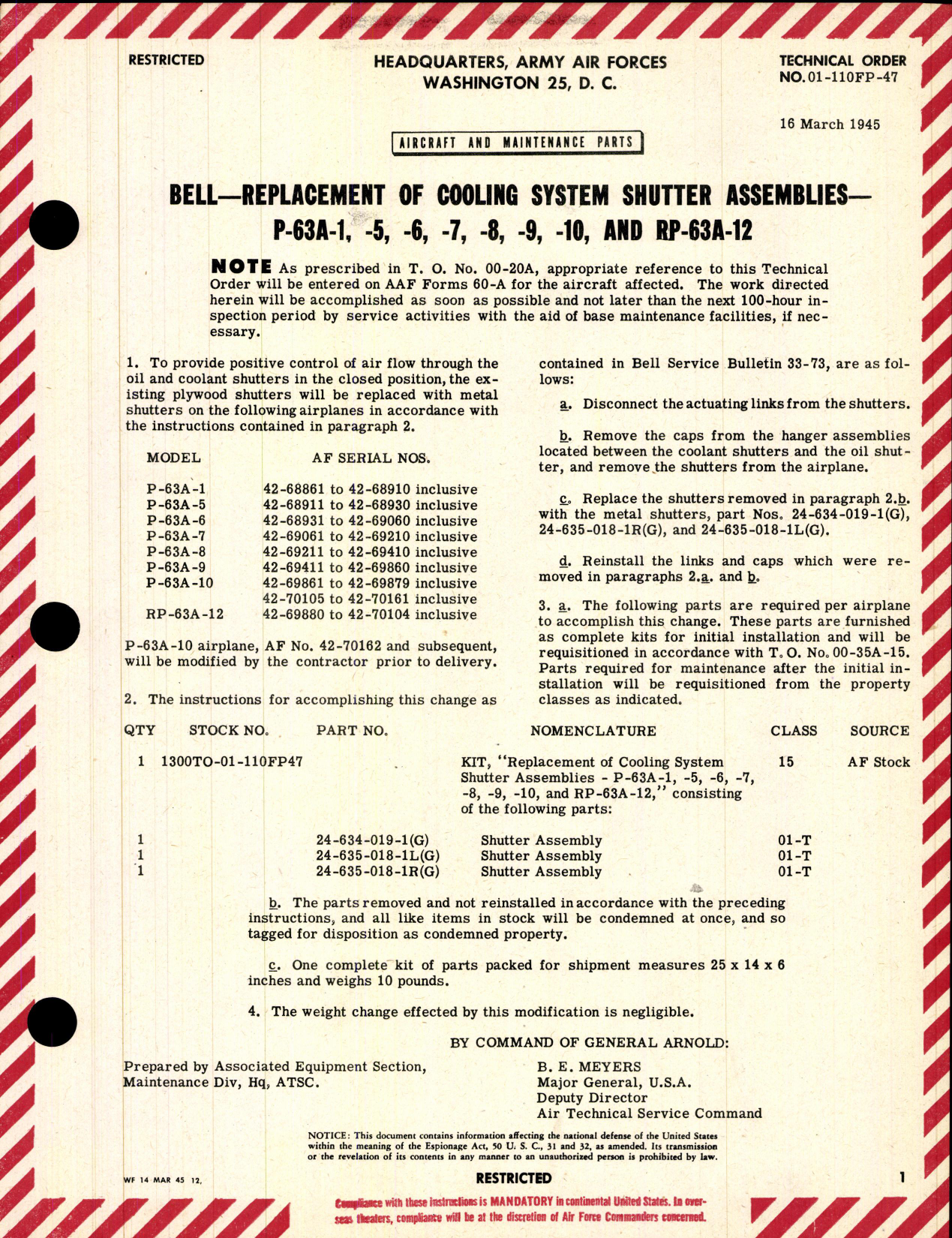Sample page 1 from AirCorps Library document: Replacement of Cooling System Shutter Assemblies for P-63A
