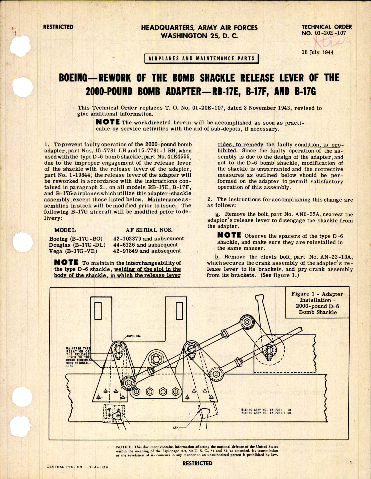 Sample page 1 from AirCorps Library document: Rework of the Bomb Shackle Release Lever of the 2000-Pound Bomb Adapter For B-17E, B-17F, and B-17G