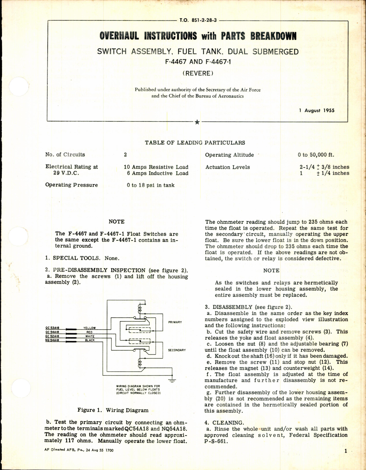 Sample page 1 from AirCorps Library document:  Overhaul Instructions with Parts Breakdown for Switch Assembly, Fuel Tank, Dual Submerged 